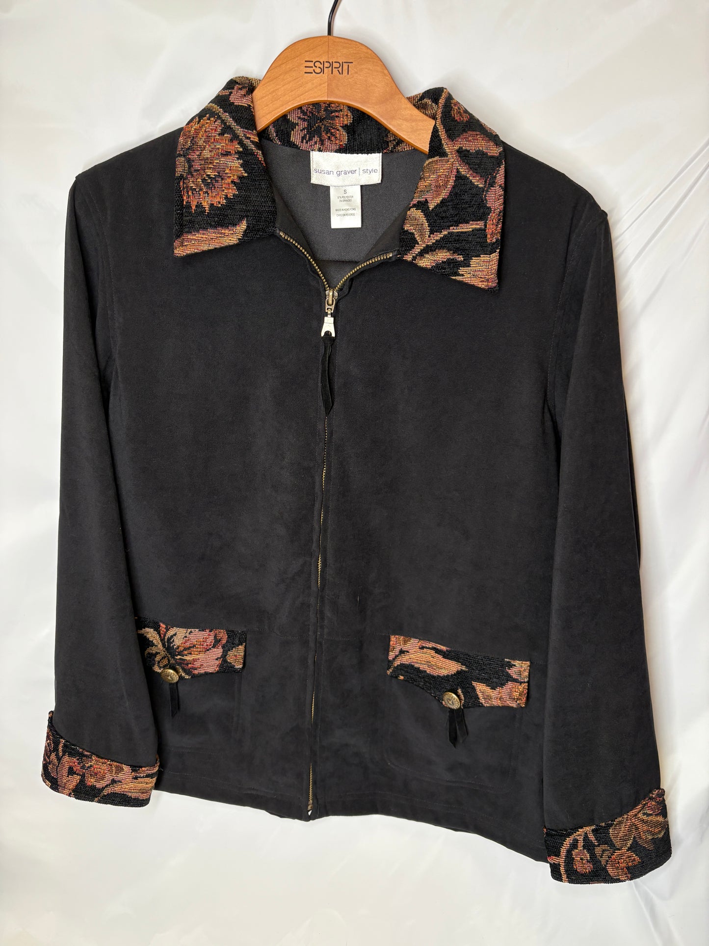 SUSAN GRAVER Tapestry Floral Ribbed Collar & Pockets Zip Jacket Black  Sz S