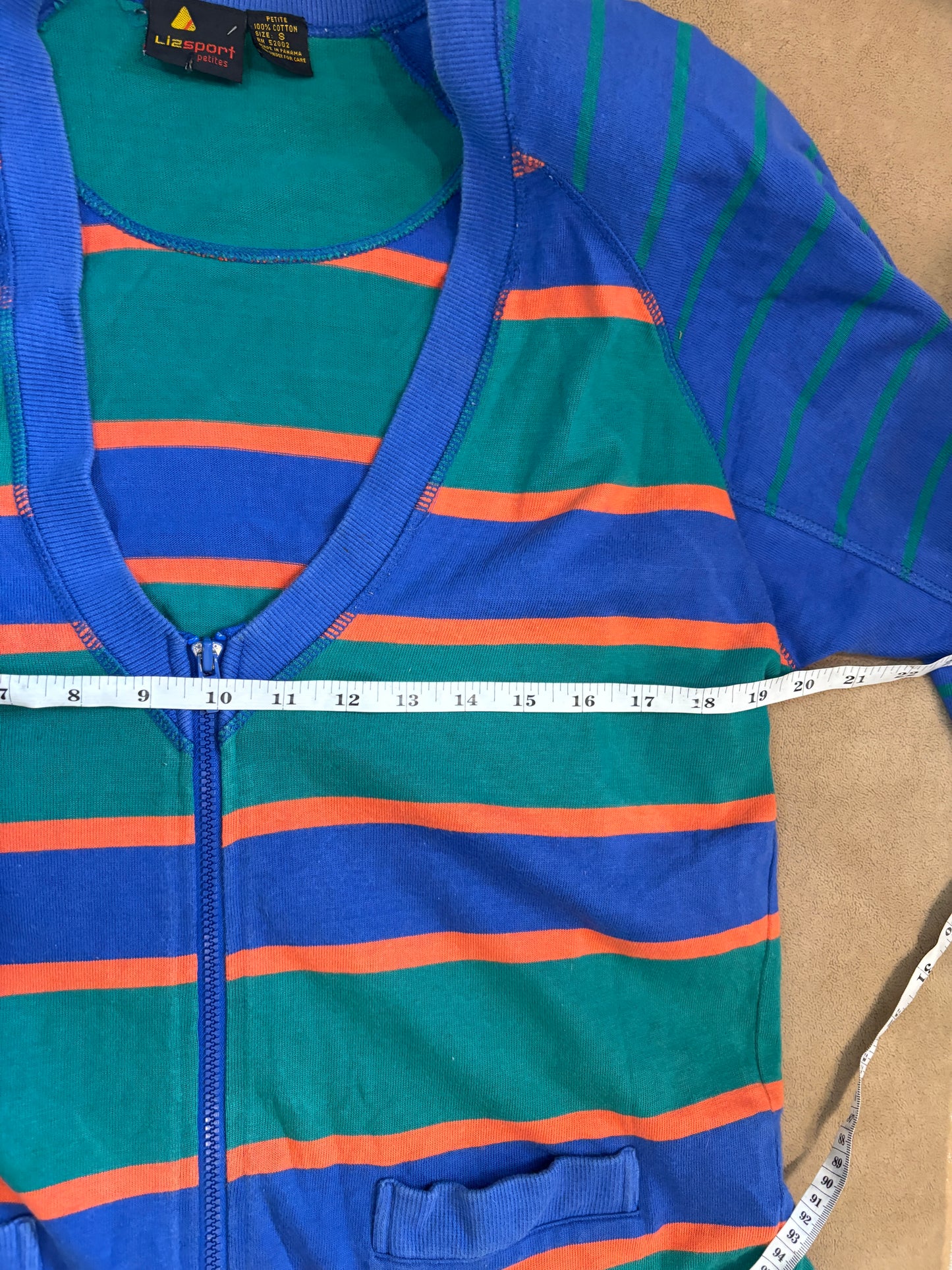 LizSport Medium Sweater Womens 100% Cotton Blue, Orange & Green Striped