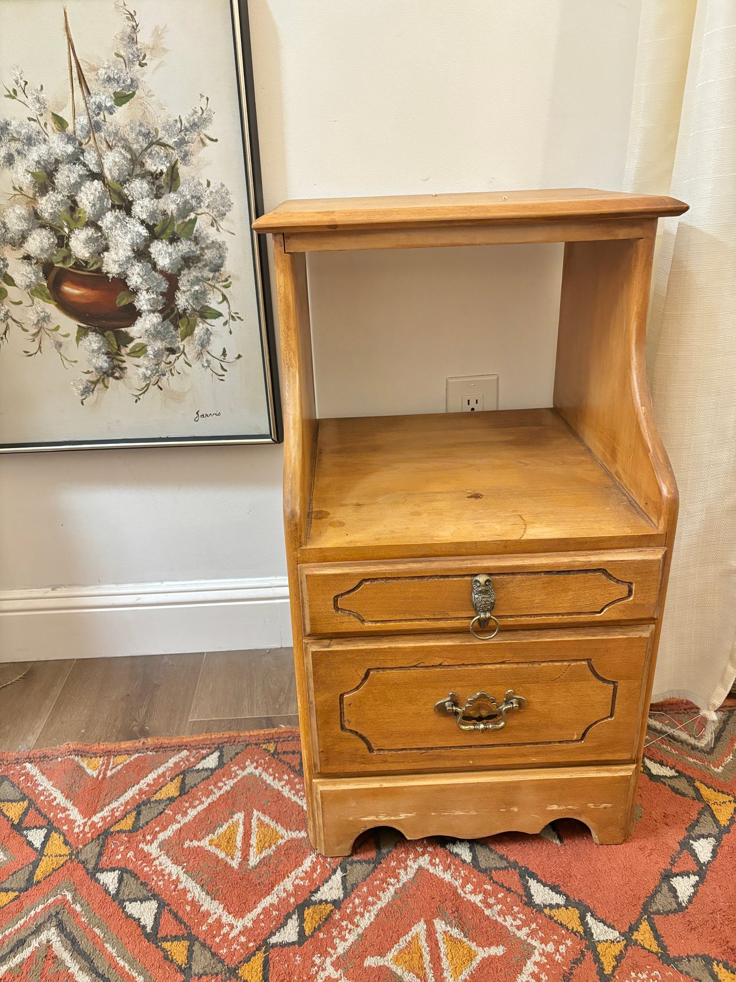 Vintage Wooden Nightstand with Drawers