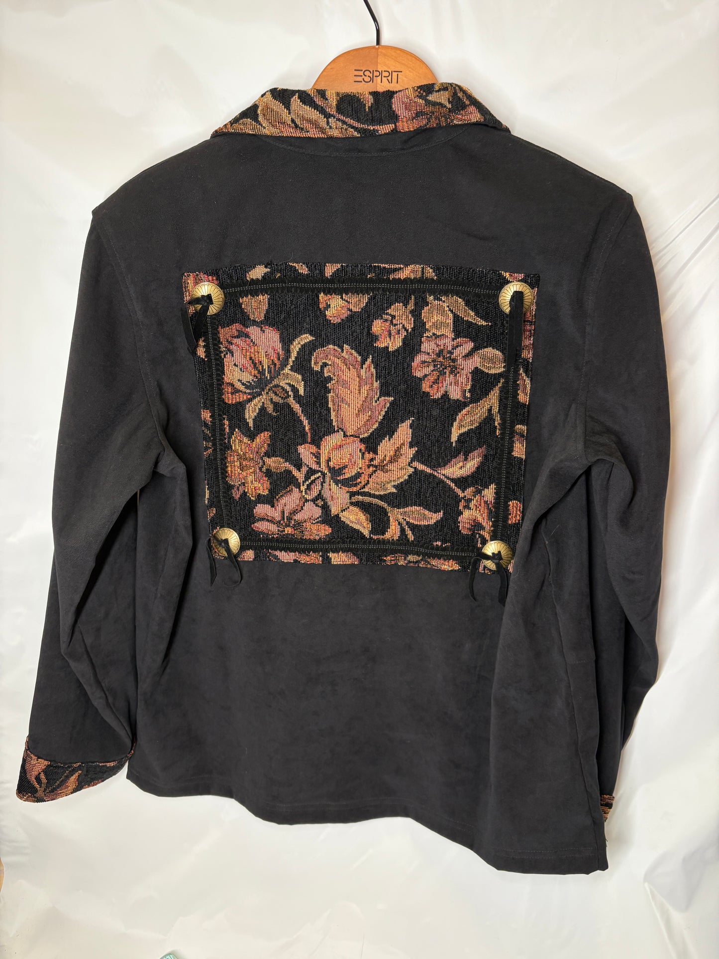 SUSAN GRAVER Tapestry Floral Ribbed Collar & Pockets Zip Jacket Black  Sz S