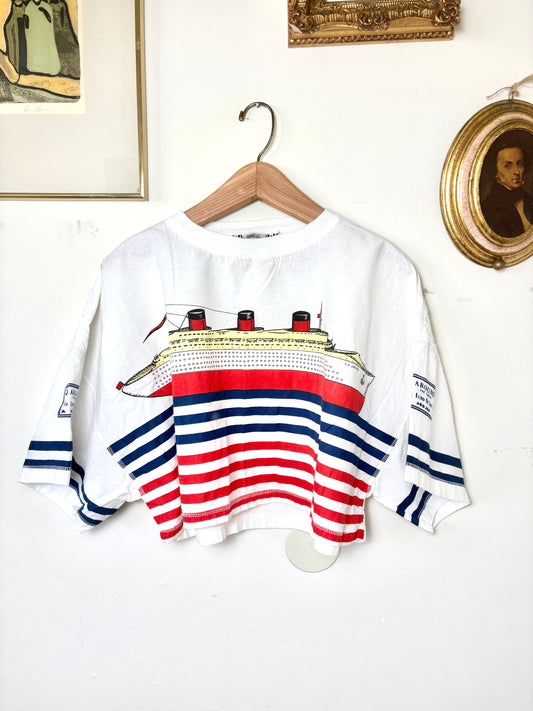 VINTAGE 90s Navy Print Striped Cotton T-Shirt Medium