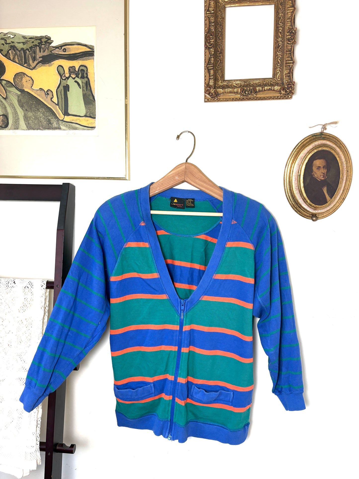 LizSport Medium Sweater Womens 100% Cotton Blue, Orange & Green Striped