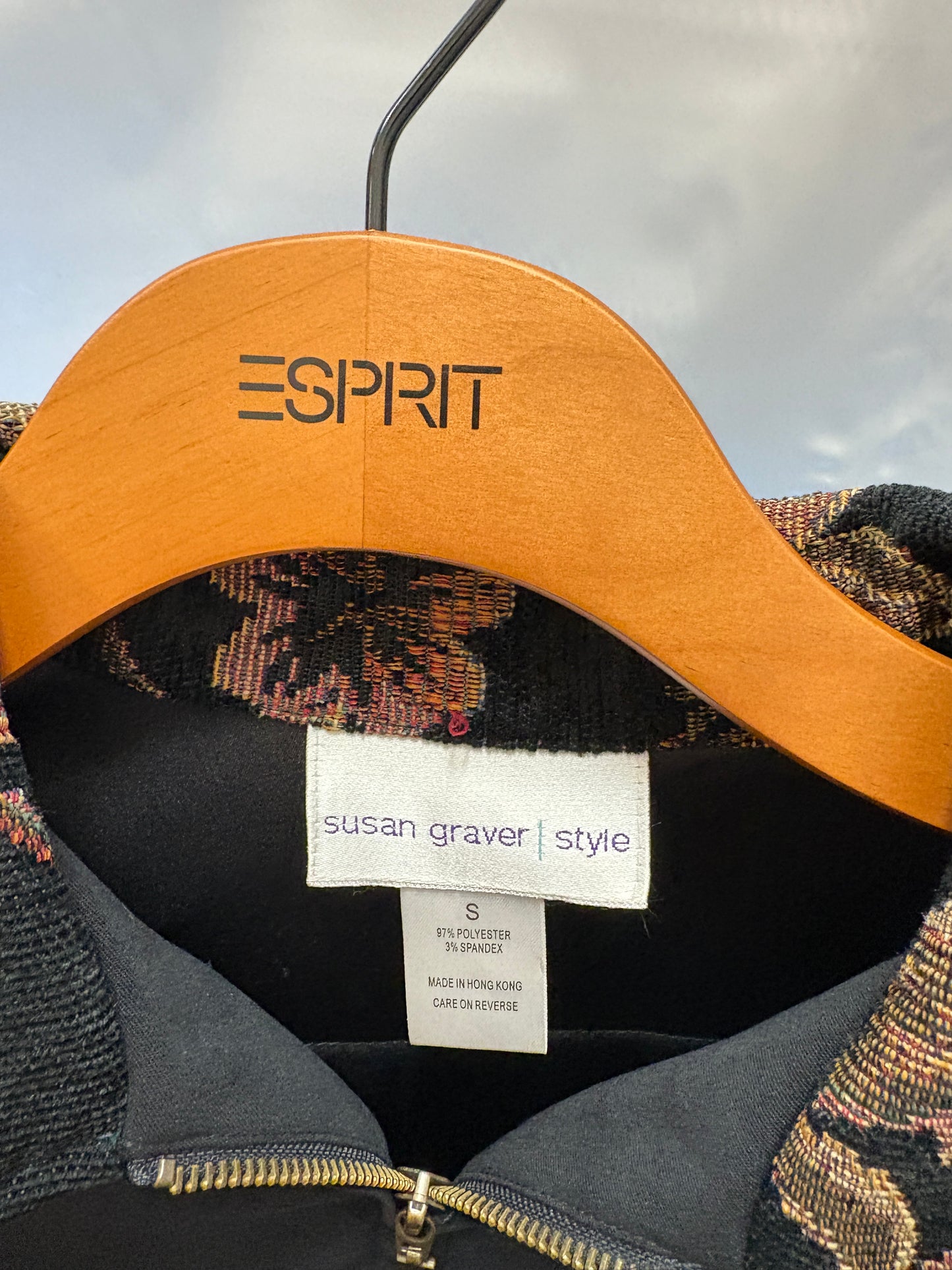 SUSAN GRAVER Tapestry Floral Ribbed Collar & Pockets Zip Jacket Black  Sz S