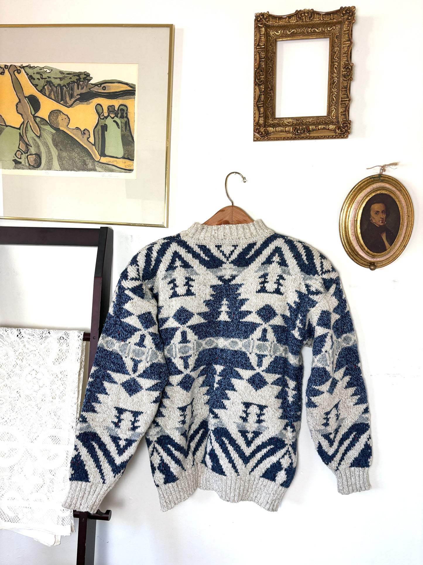 Vintage 80s Grandpa Sweater Small Chunky Southwestern Aztec Boho Wool Geometric