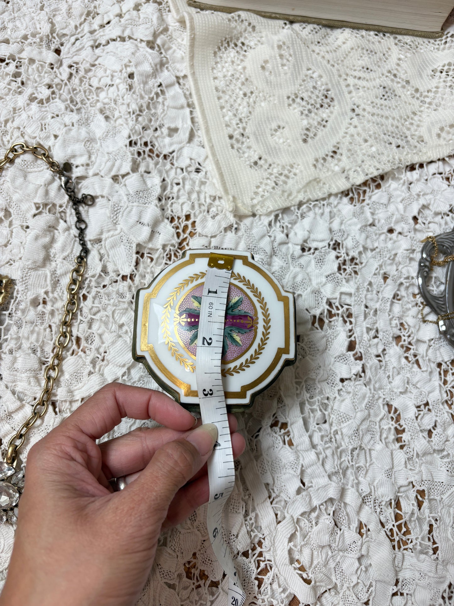 Vintage Italian Porcelain Octagonal Trinket Box — Hand-Painted Floral & Gold Trim