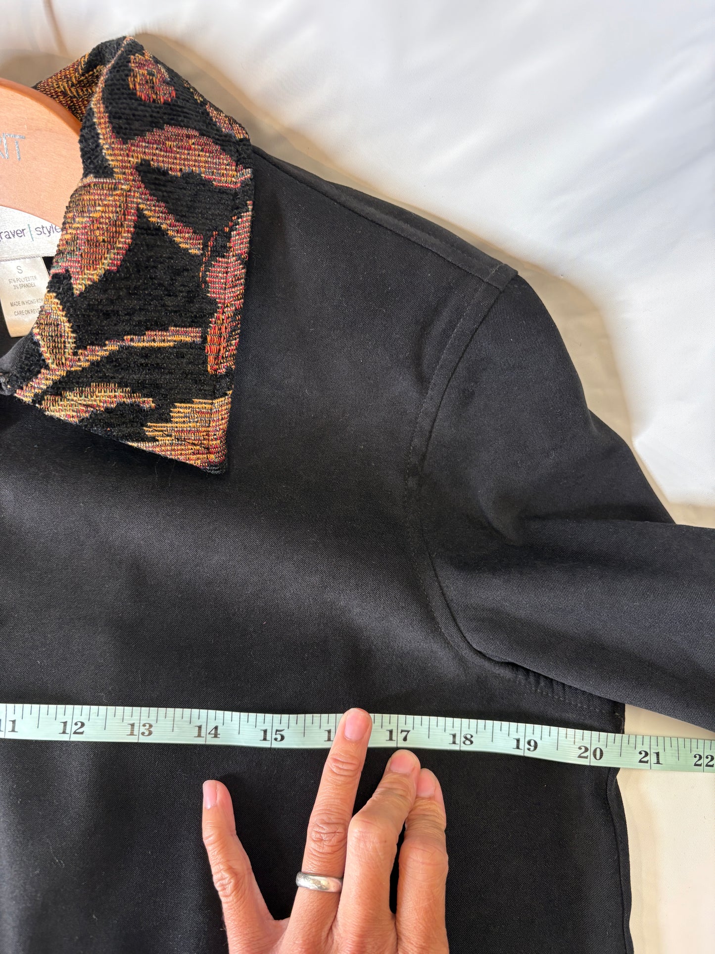 SUSAN GRAVER Tapestry Floral Ribbed Collar & Pockets Zip Jacket Black  Sz S