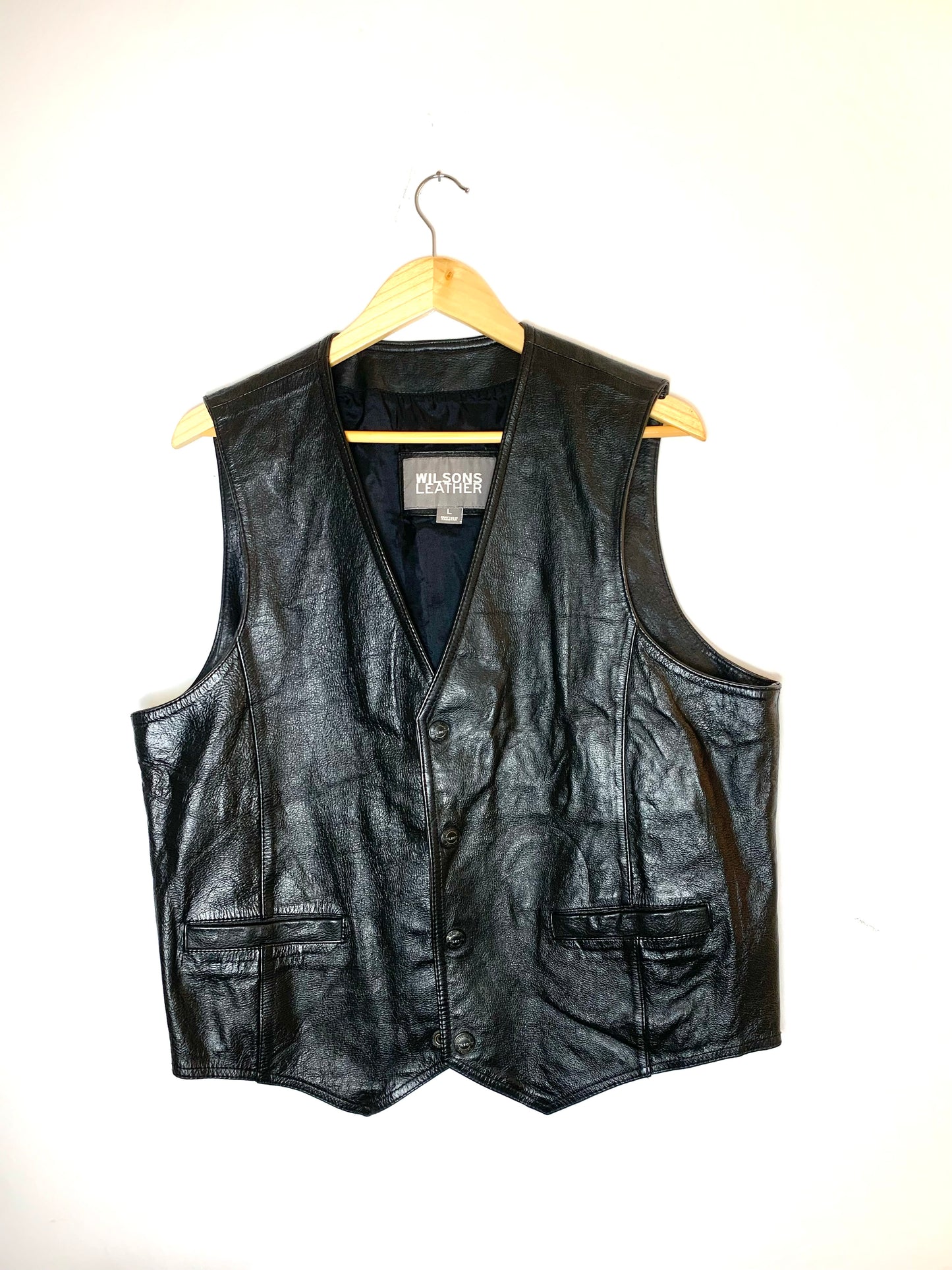 Mens Wilsons The Leather Experts Black Leather Vest L Button Up Biker Style
