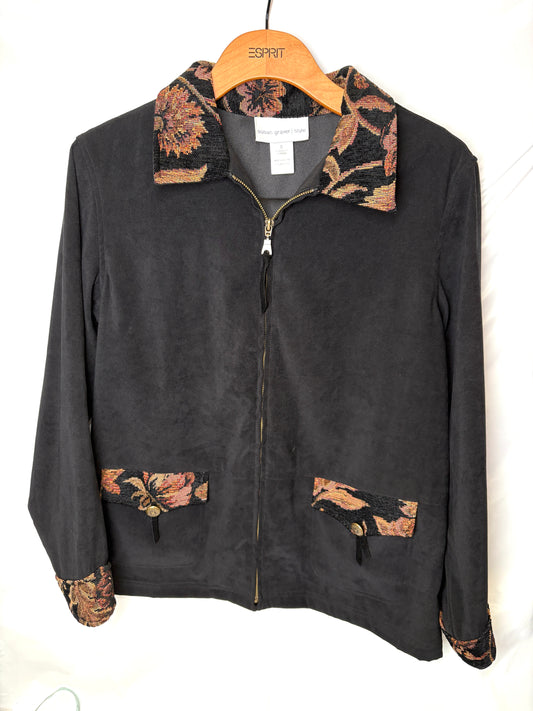 SUSAN GRAVER Tapestry Floral Ribbed Collar & Pockets Zip Jacket Black  Sz S