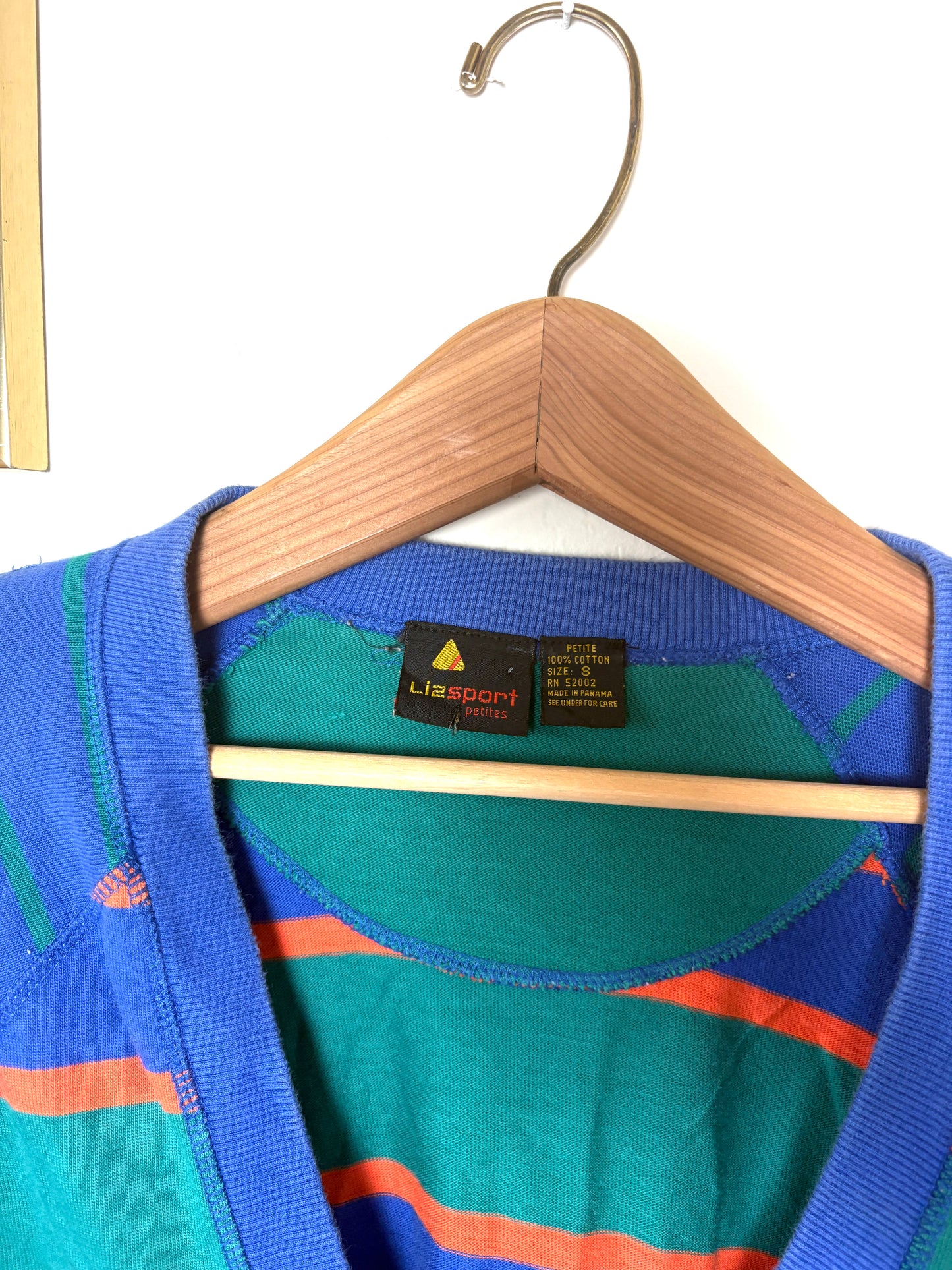 LizSport Medium Sweater Womens 100% Cotton Blue, Orange & Green Striped