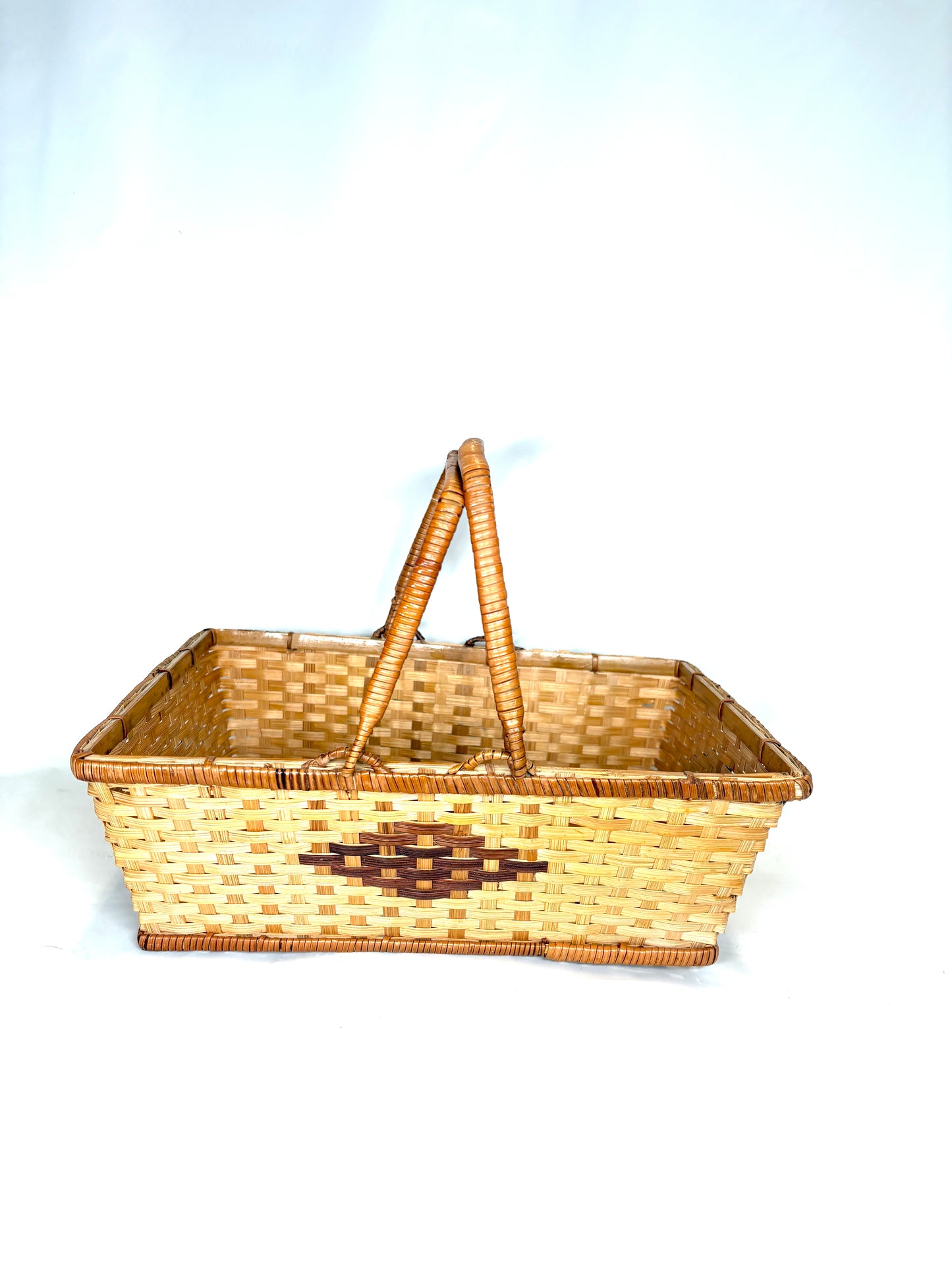 Vintage Bamboo Basket With Handles / Geometric Design