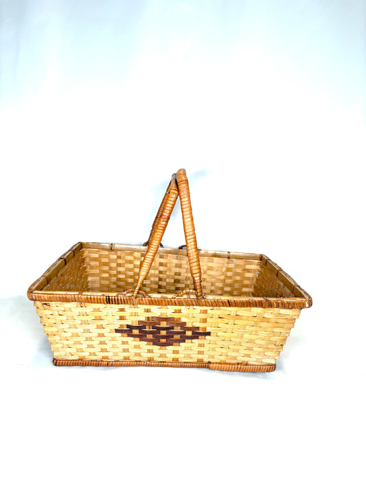Vintage Bamboo Basket With Handles / Geometric Design