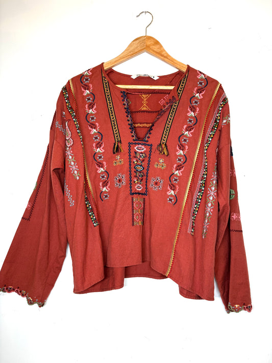 ZARA Intricate Embroidered Burnt Orange Oversized boho Blouse M