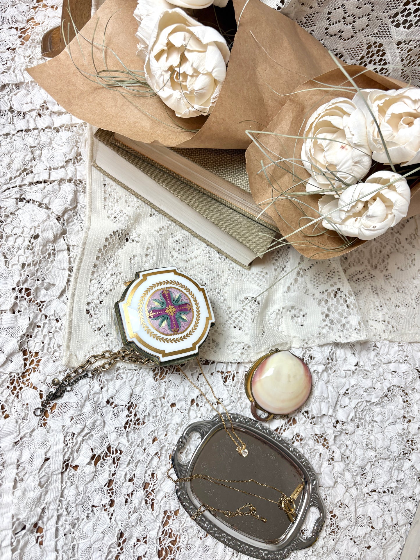 Vintage Italian Porcelain Octagonal Trinket Box — Hand-Painted Floral & Gold Trim