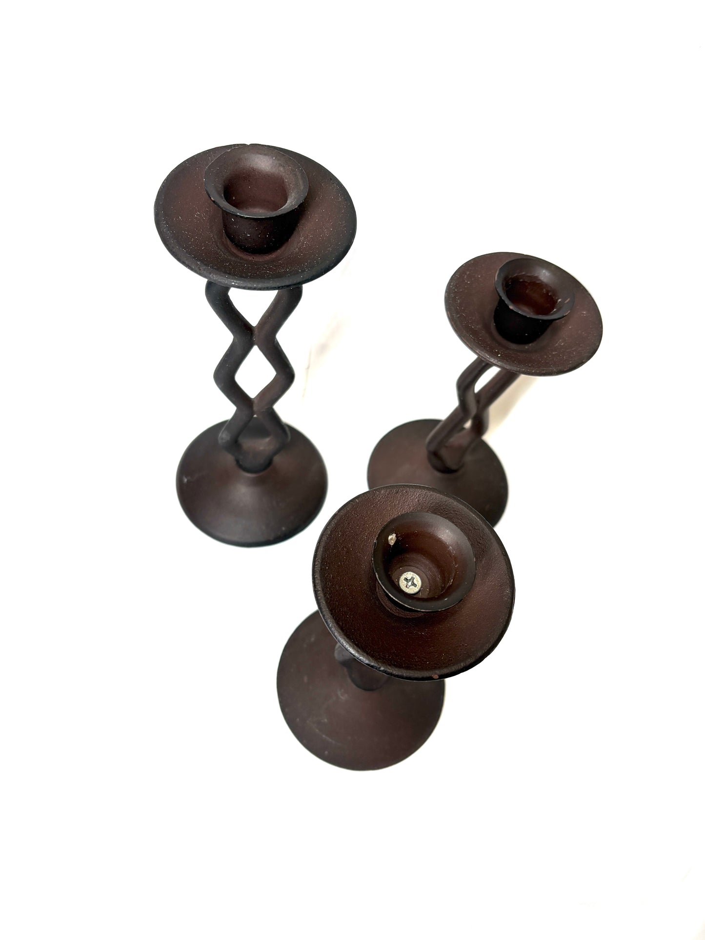 Late 20th Century Brutalist Style Metal Candleholders, Set of Three