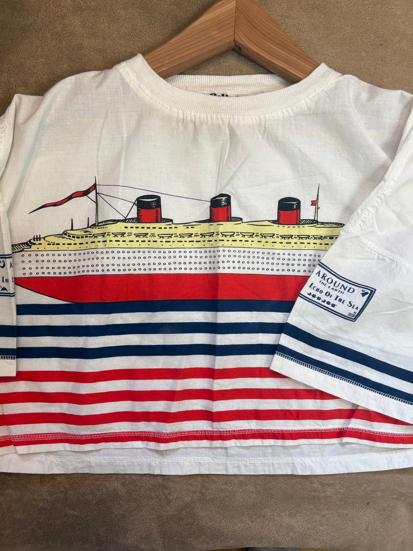 VINTAGE 90s Navy Print Striped Cotton T-Shirt Medium