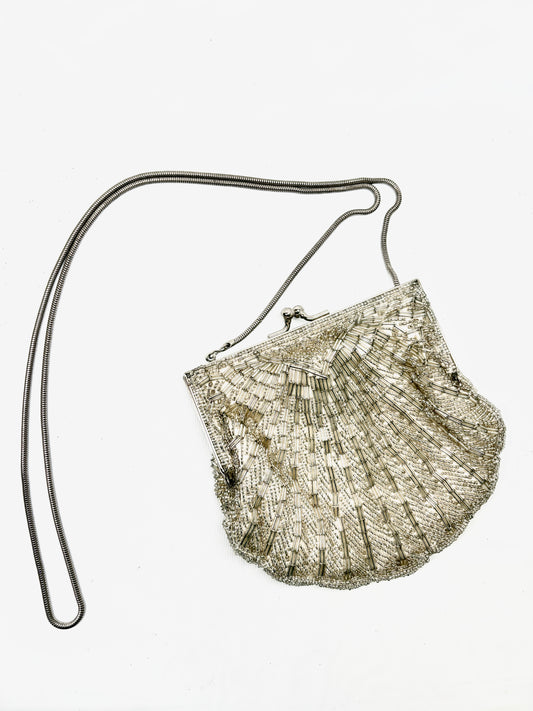 Silver Beaded Shell Evening Purse Bag Crossbody Clutch