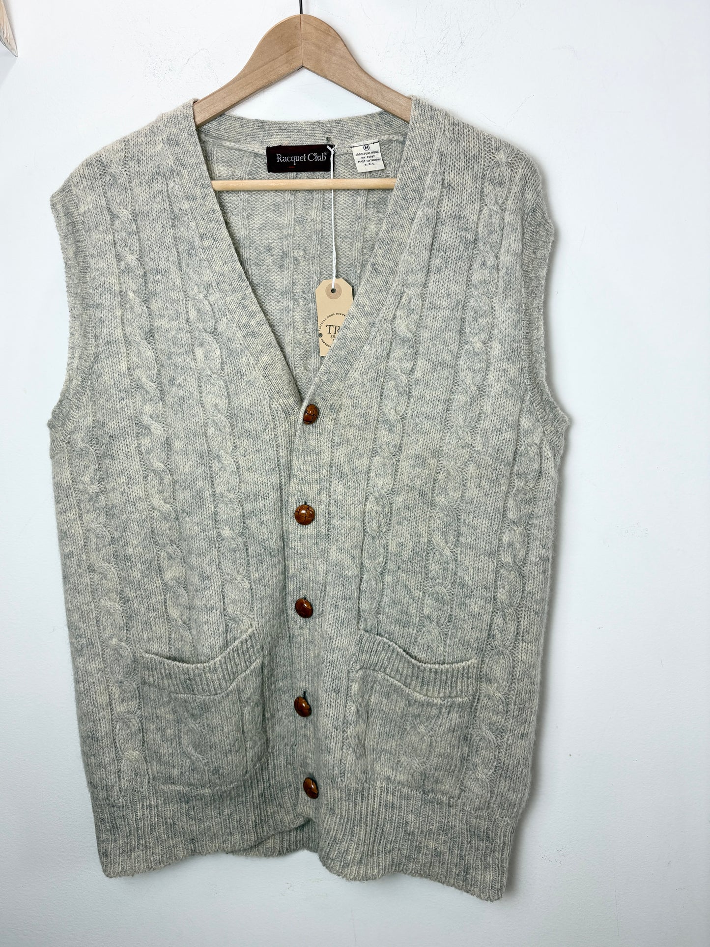 Vintage 70s unisex Wool Sweater Vest S Cable Knit Grandpa Oatmeal Beige Pockets