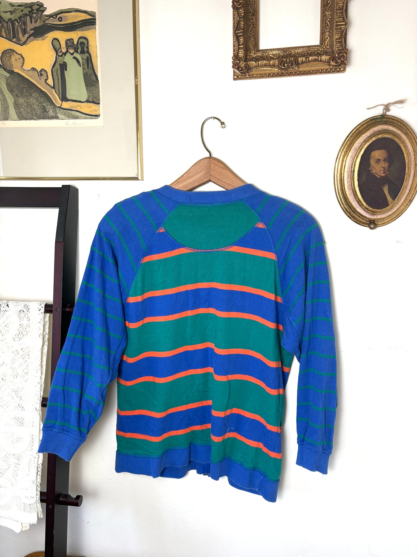 LizSport Medium Sweater Womens 100% Cotton Blue, Orange & Green Striped