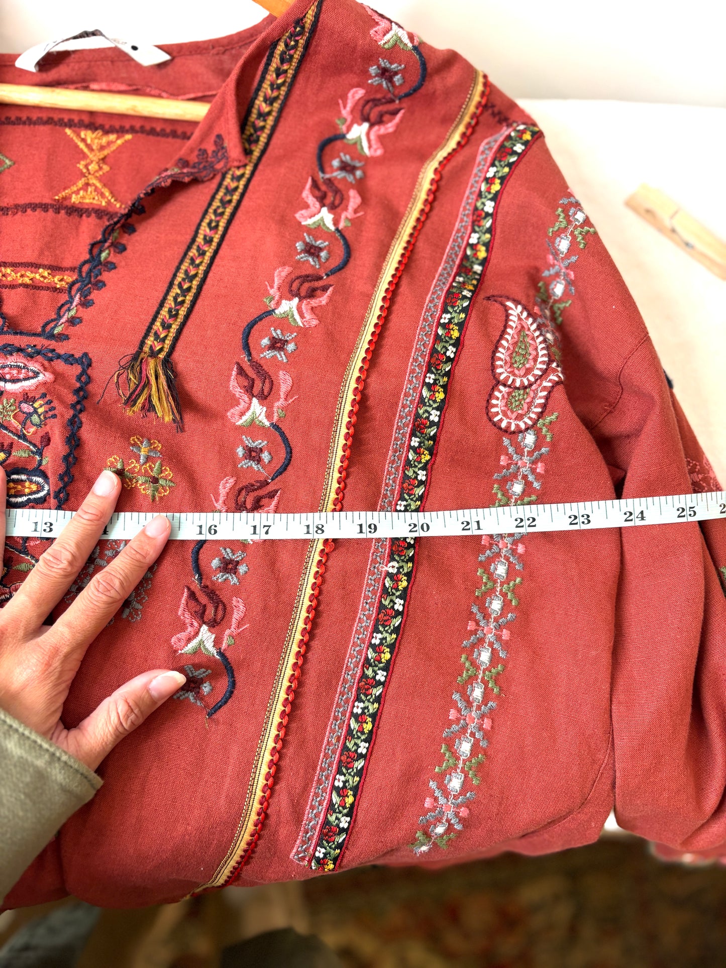 ZARA Intricate Embroidered Burnt Orange Oversized boho Blouse M