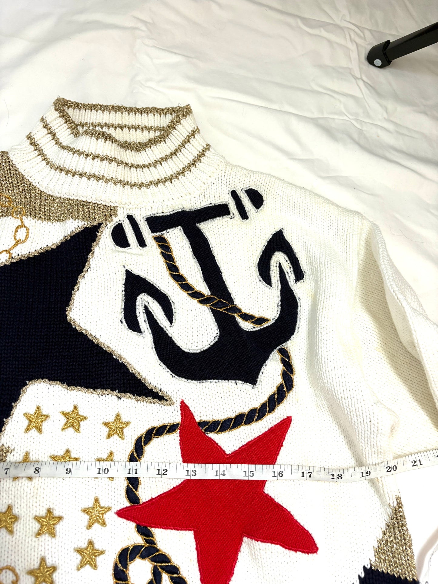 Vintage Escada White Glass Nautical star sweater embroidered women size L