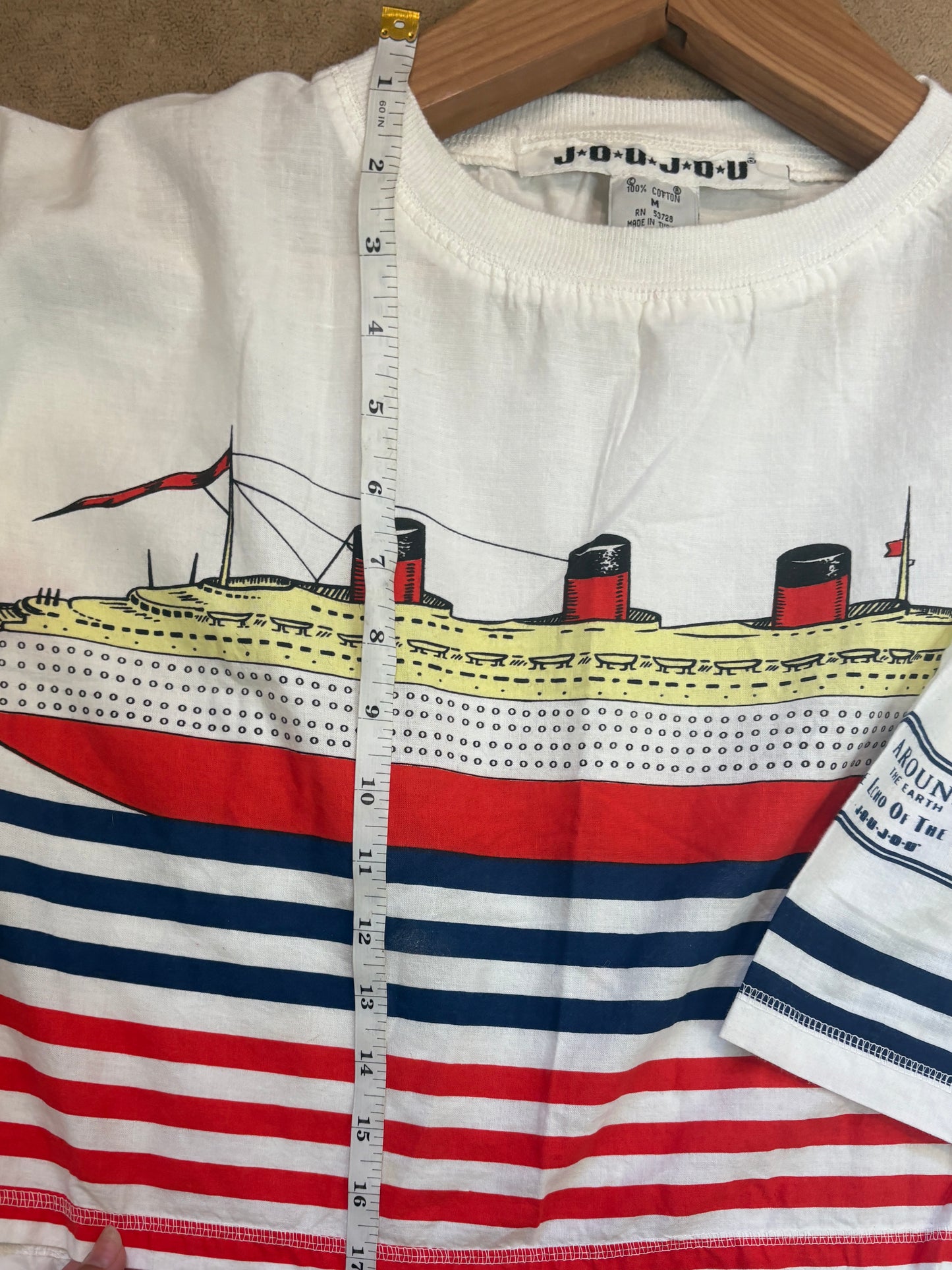 VINTAGE 90s Navy Print Striped Cotton T-Shirt Medium