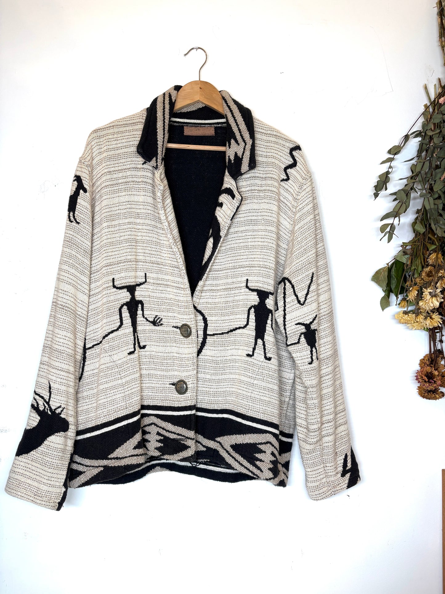 Southwestern Cardigan Sweater Native American Petroglyphs Kokopelli Sz S/M USA