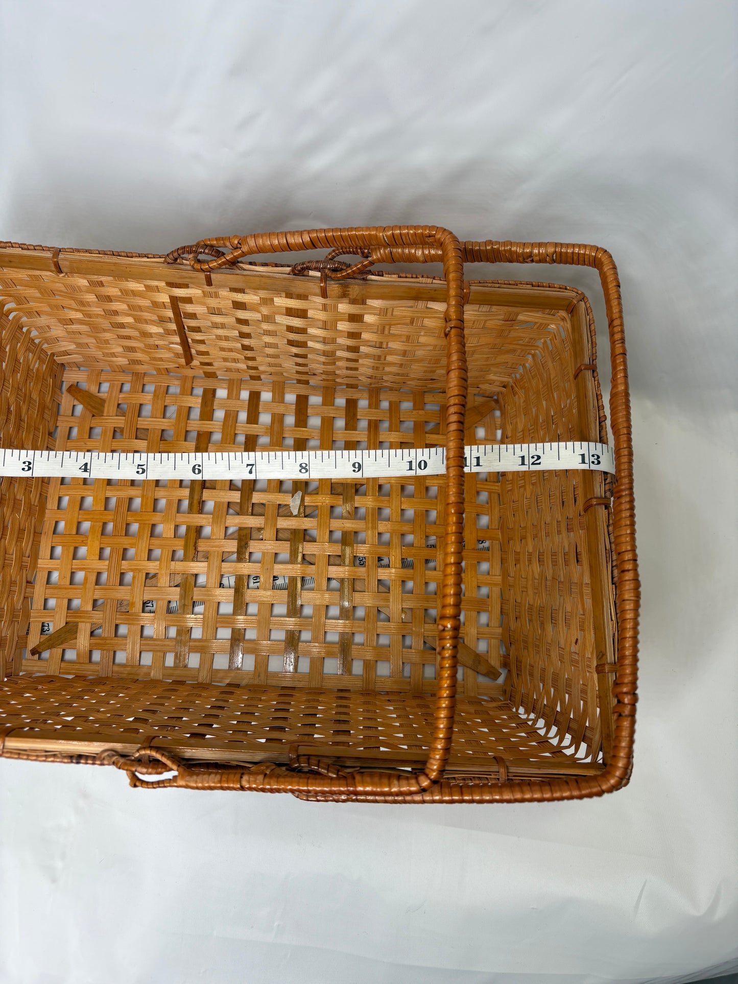 Vintage Bamboo Basket With Handles / Geometric Design