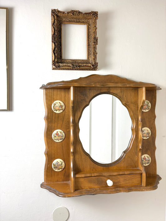Rare Antique Wooden Apothecary Medicine Vanity Cabinet Oval Mirror