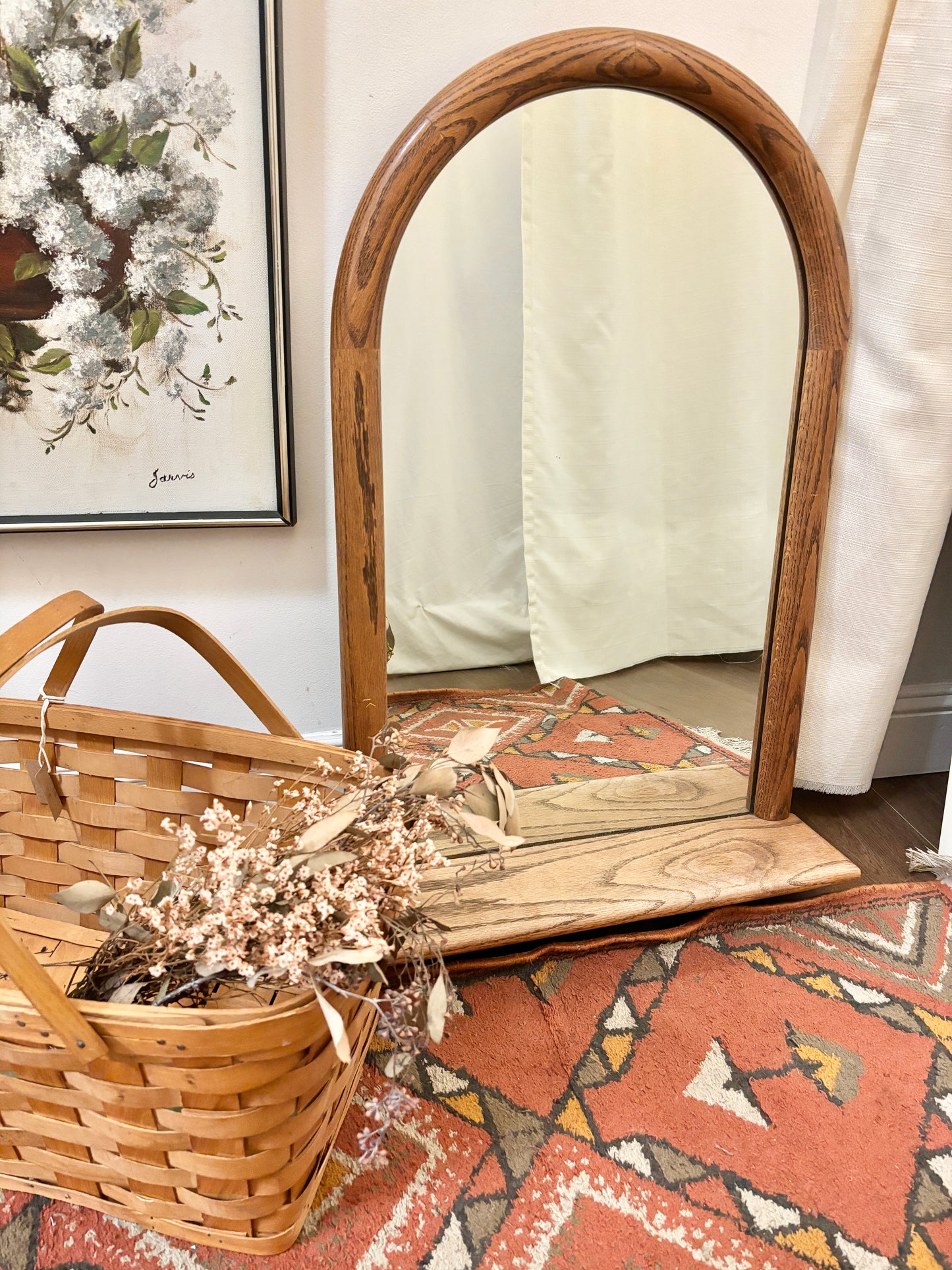 Vintage Arched Oak Wall Mirror