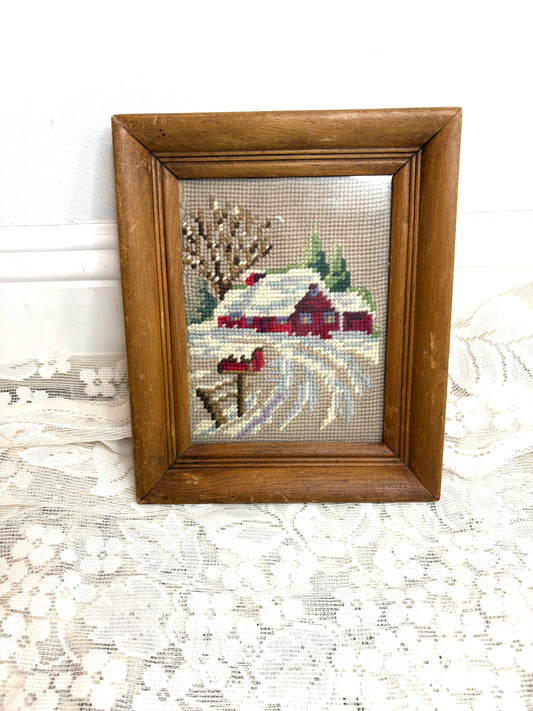 Needlepoint art Cottage house with vintage wooden frame