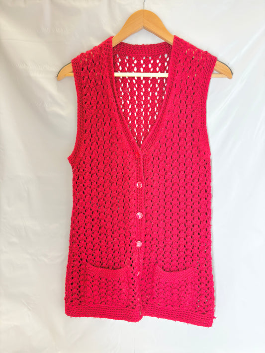 Red Hand Crocheted Sweater Vest – S/M