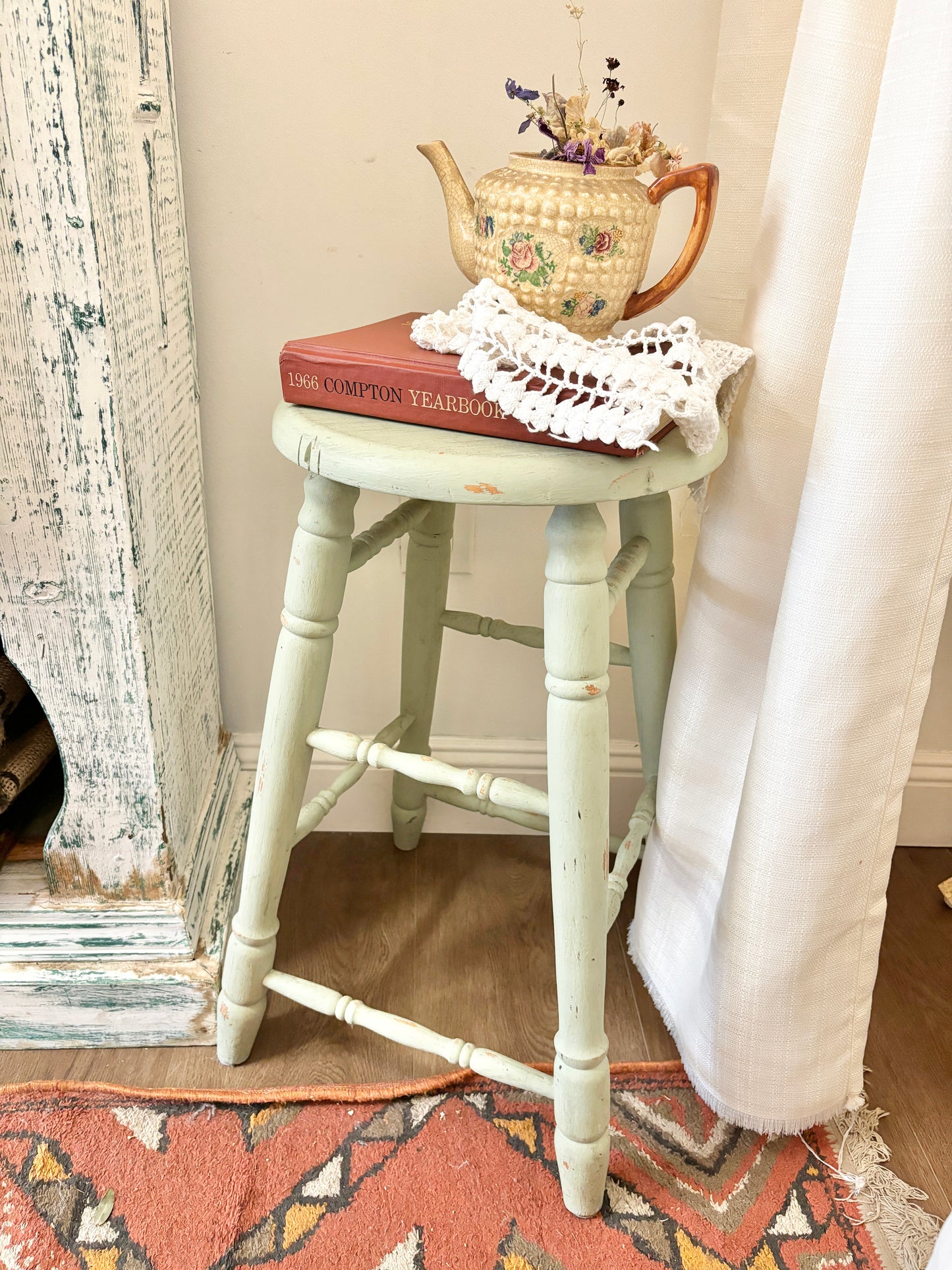 Antique Rustic Blue Kitchen Stool | Farmhouse Style