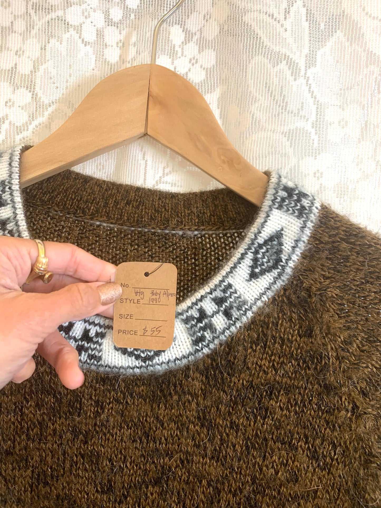 Vintage Unisex Brown Knitted Pullover Soft Winter Sweater Grey Peruwian Crewneck Top Blouse 1990s 2000s Size L