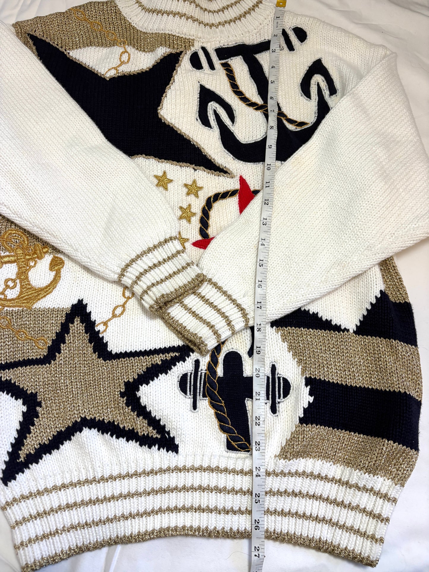 Vintage Escada White Glass Nautical star sweater embroidered women size L