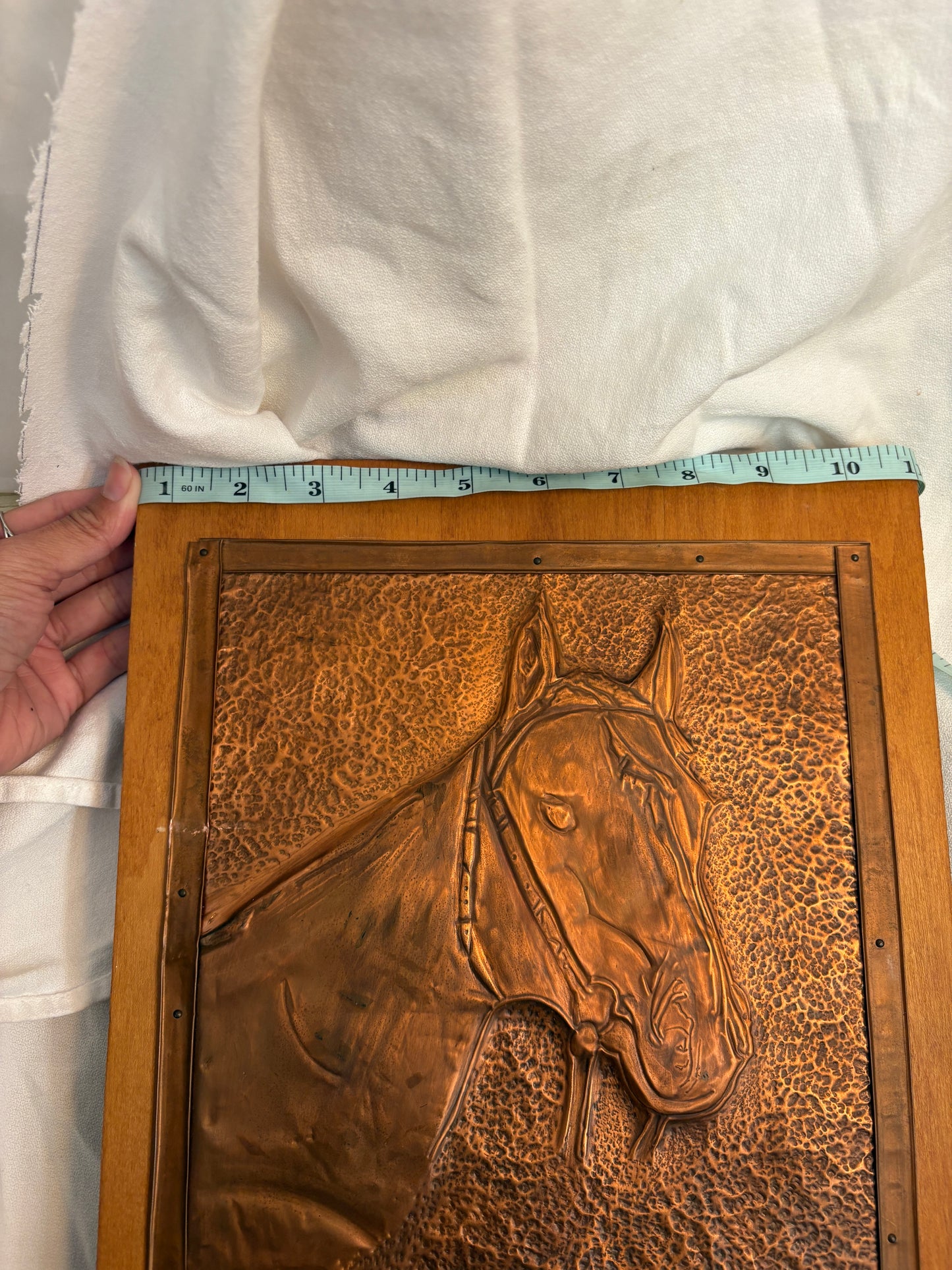 Horse Copper Embossed Art Work Folk Brass Color With Wood Frame