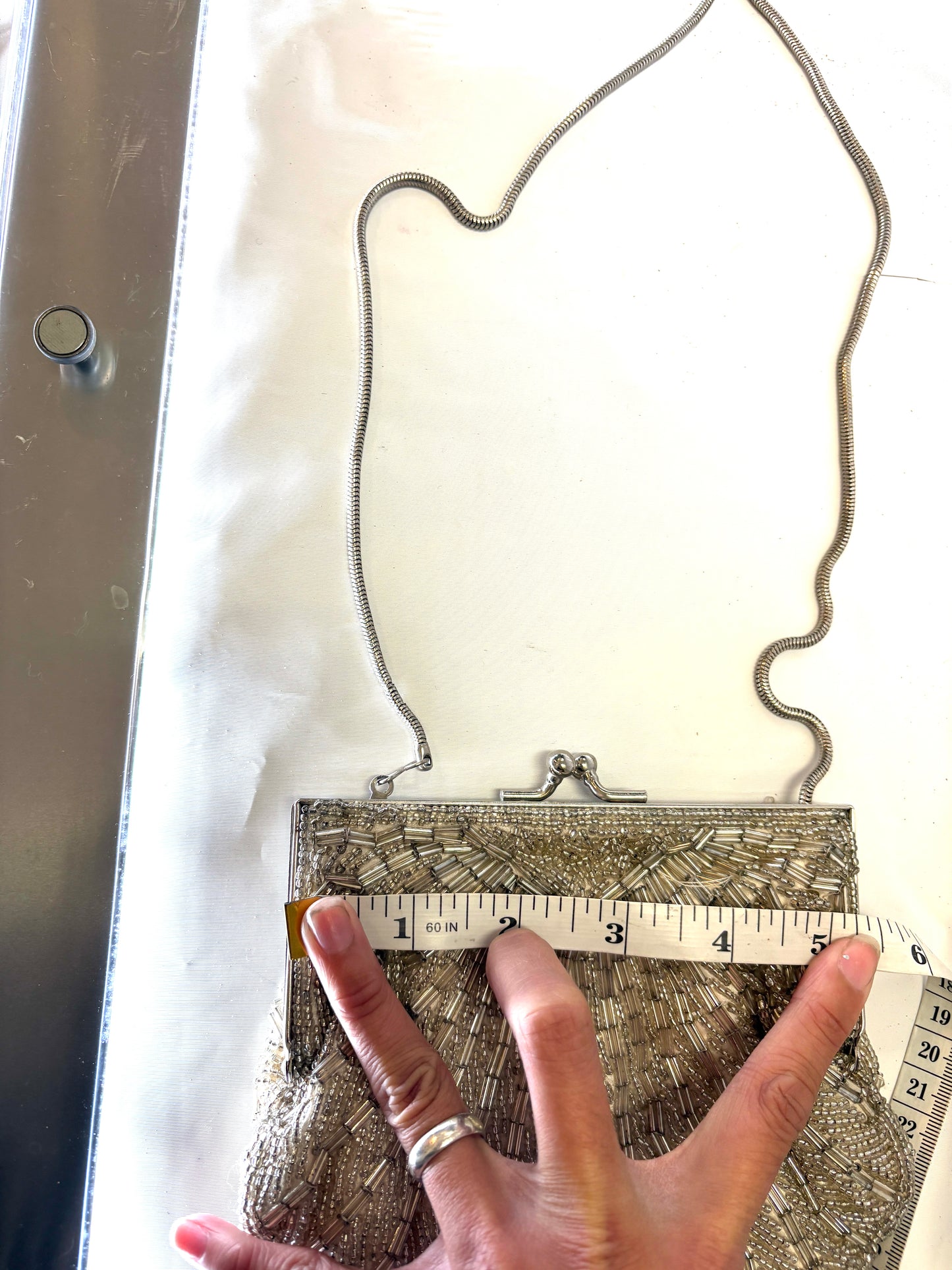 Silver Beaded Shell Evening Purse Bag Crossbody Clutch