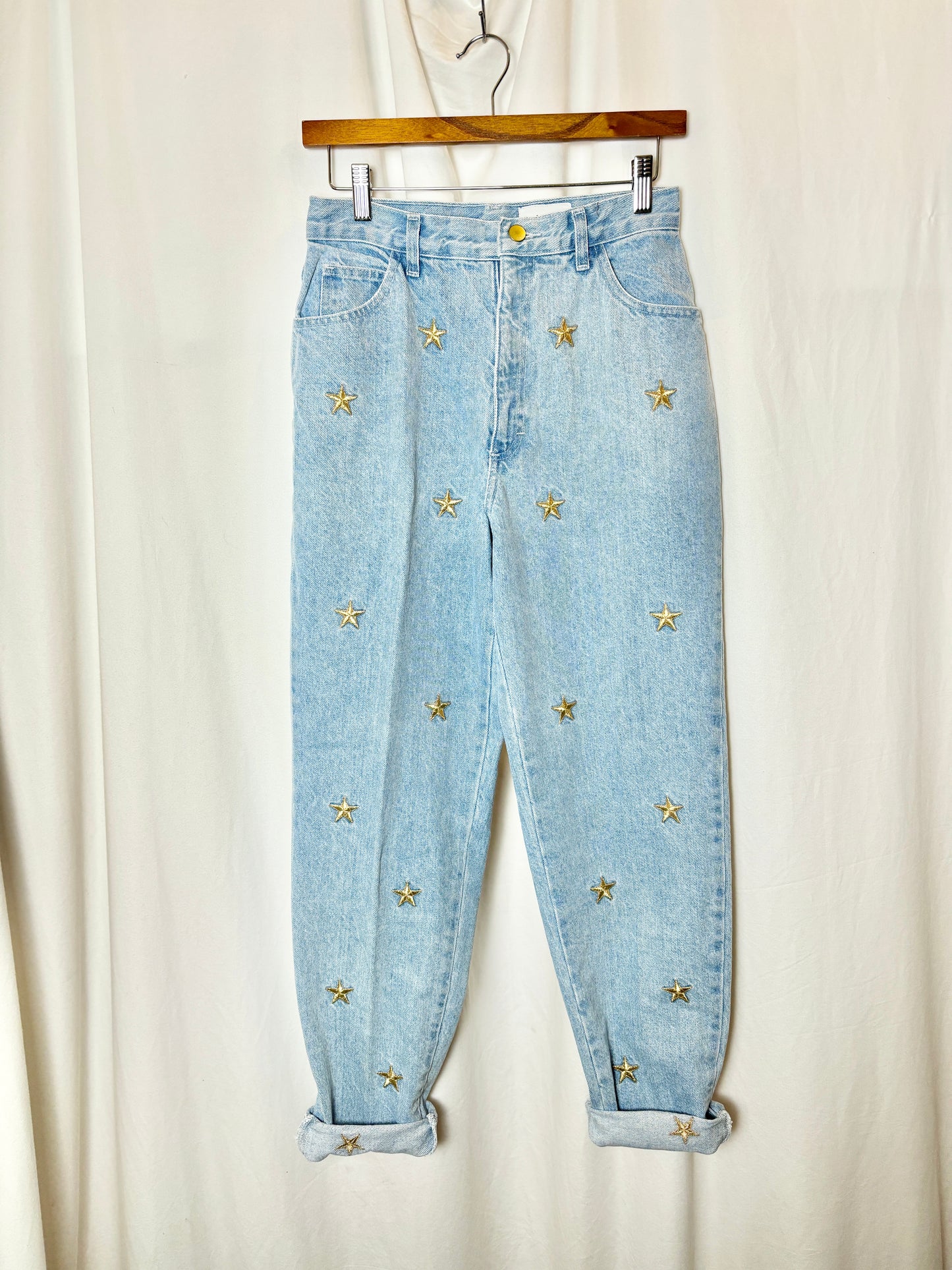 Light Wash Blue Jeans Gold Star Embroidery