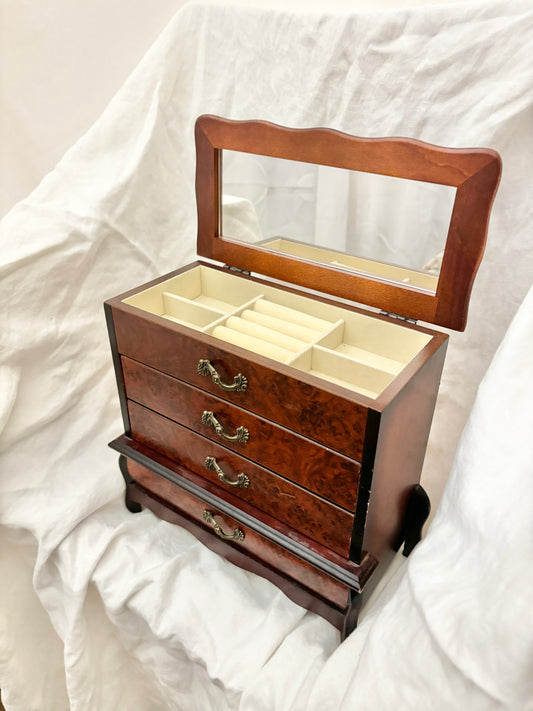 1990s Burled Cherry Wood Jewelry Chest