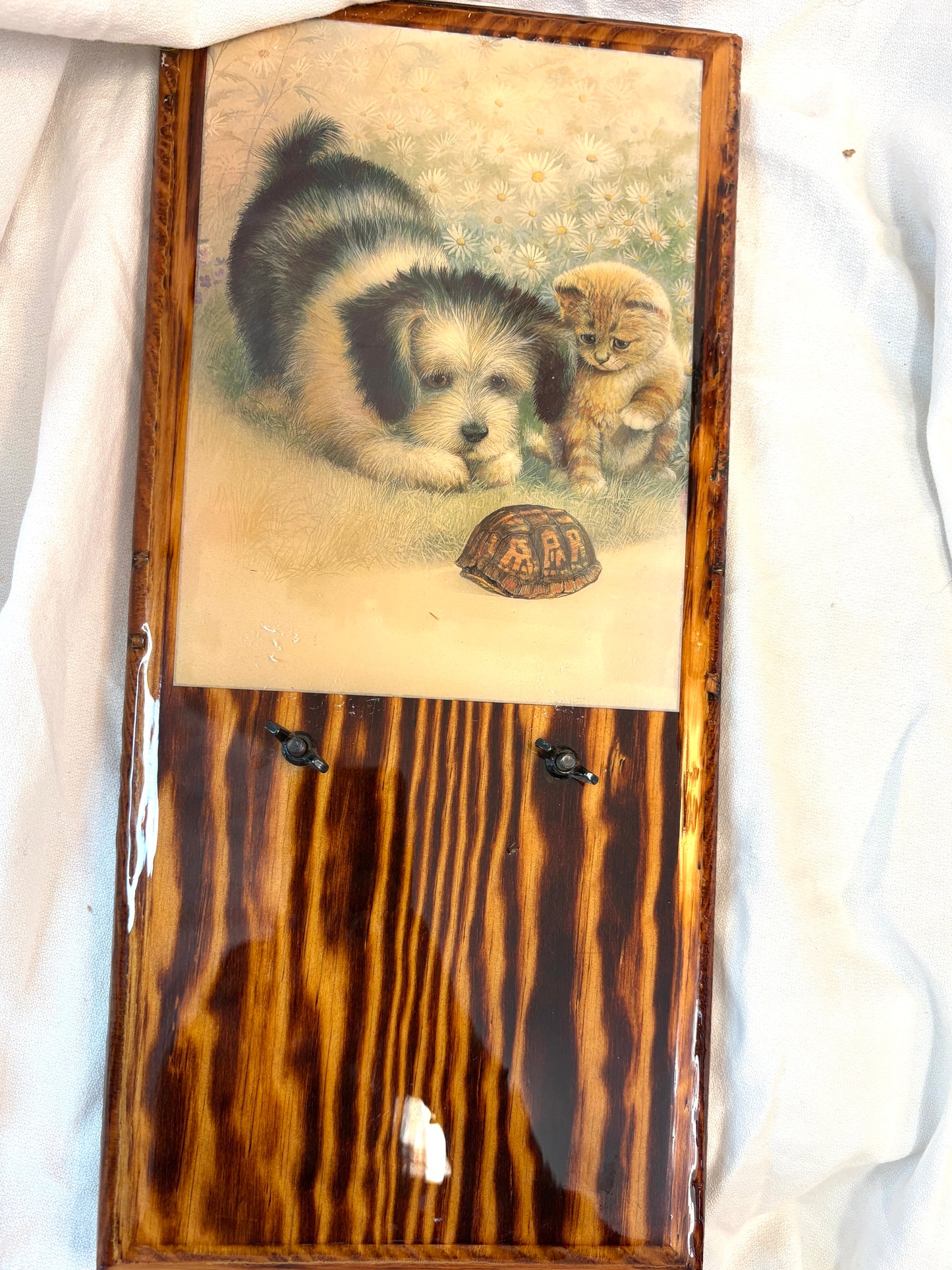 Antique Animal Portrait Painting Dog & Cat Scene Wood Framed 15”x7.5”