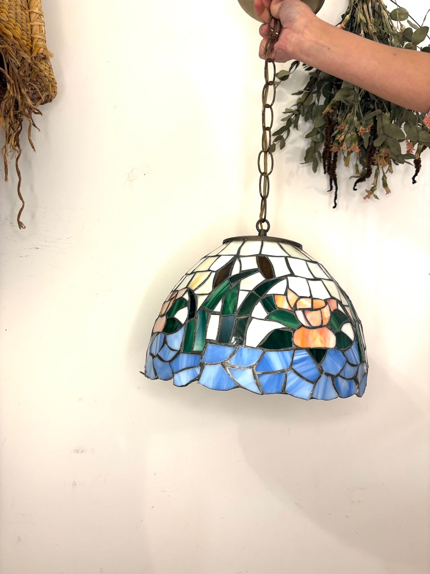 Vintage Tiffany Style Slag Stained Glass Swag Hanging Light Lamp Plug In 12”