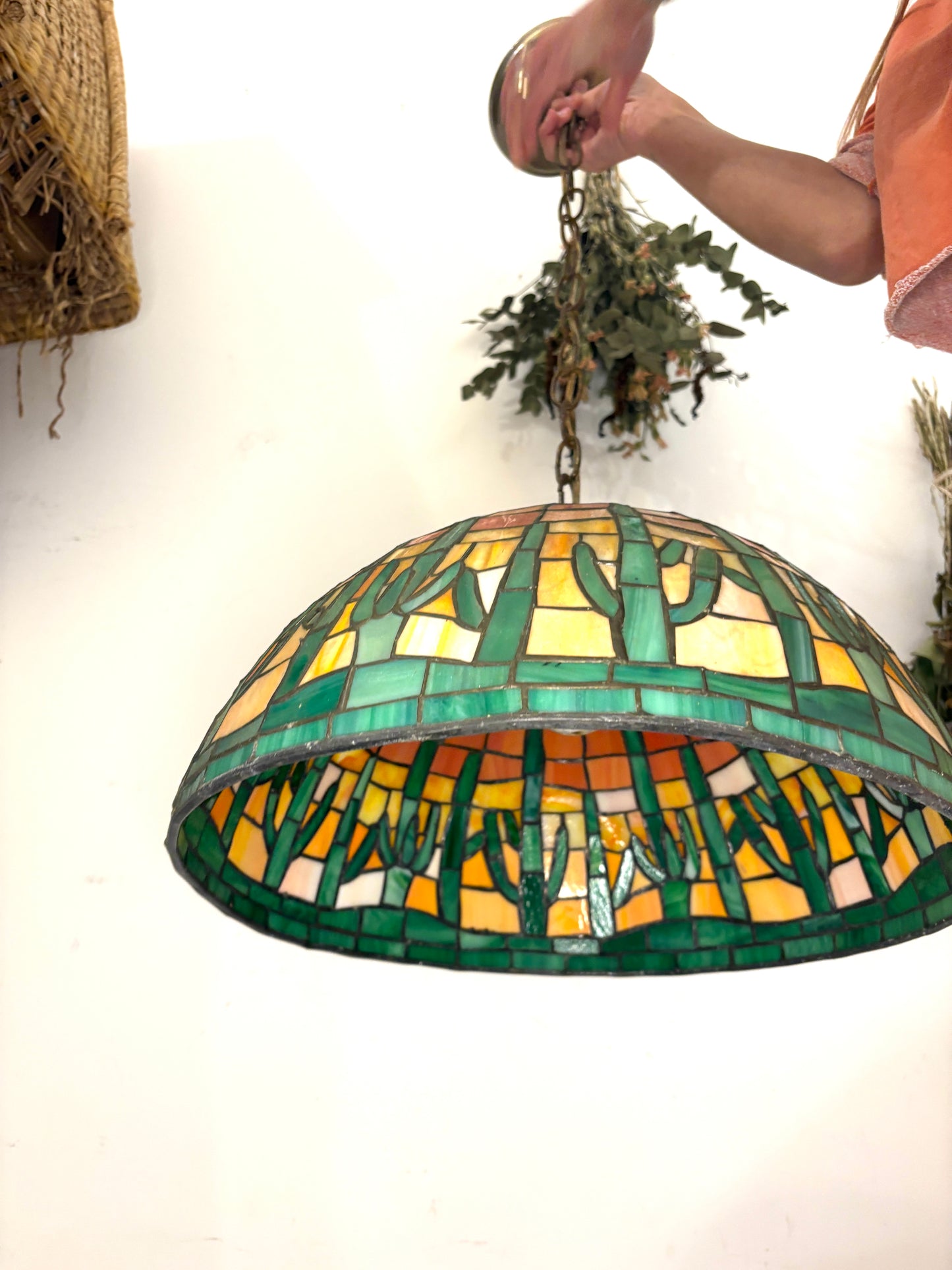 Large Tiffany Style Stained Glass cactus lamp shade 17.5”x3”