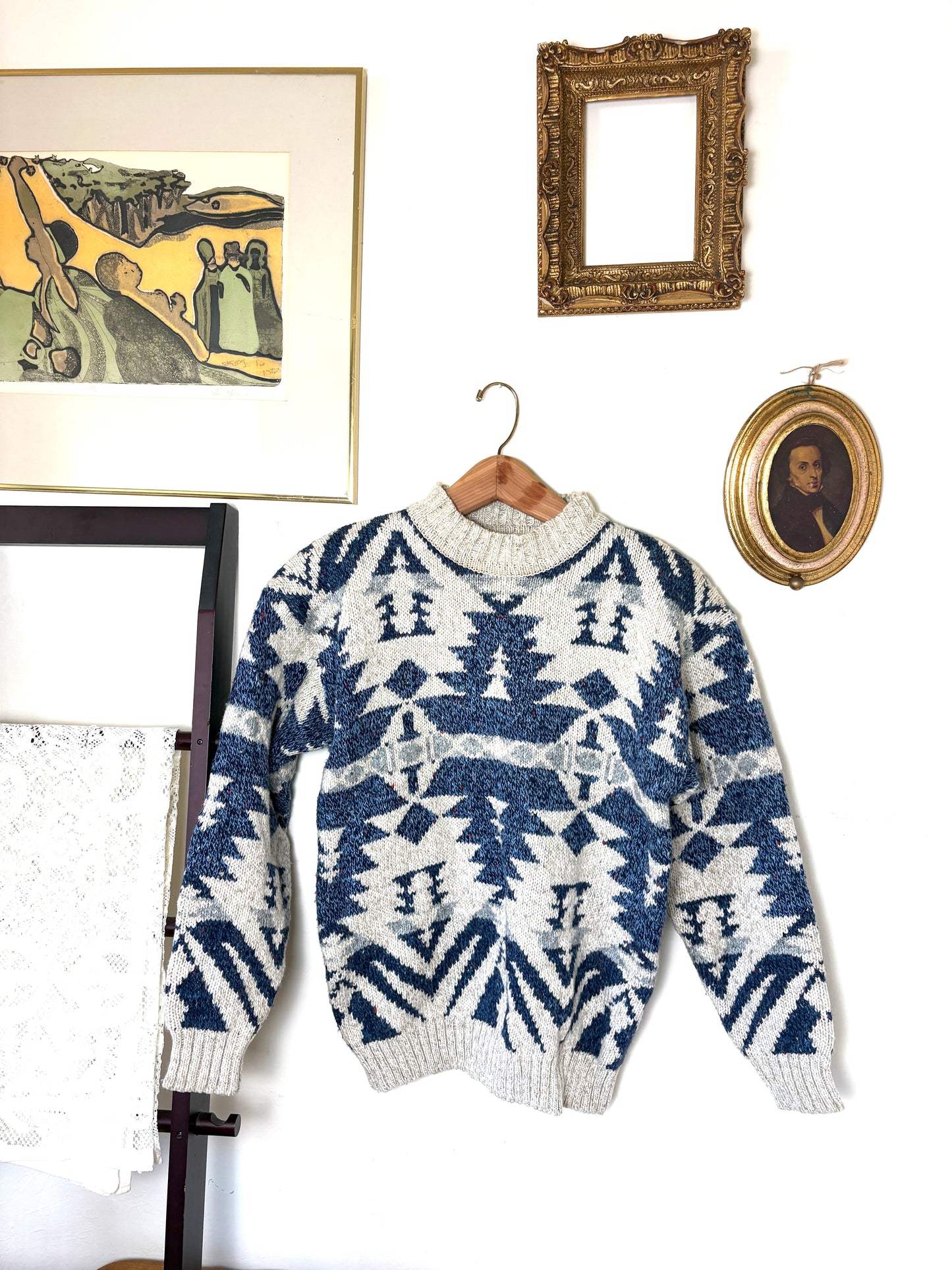 Vintage 80s Grandpa Sweater Small Chunky Southwestern Aztec Boho Wool Geometric