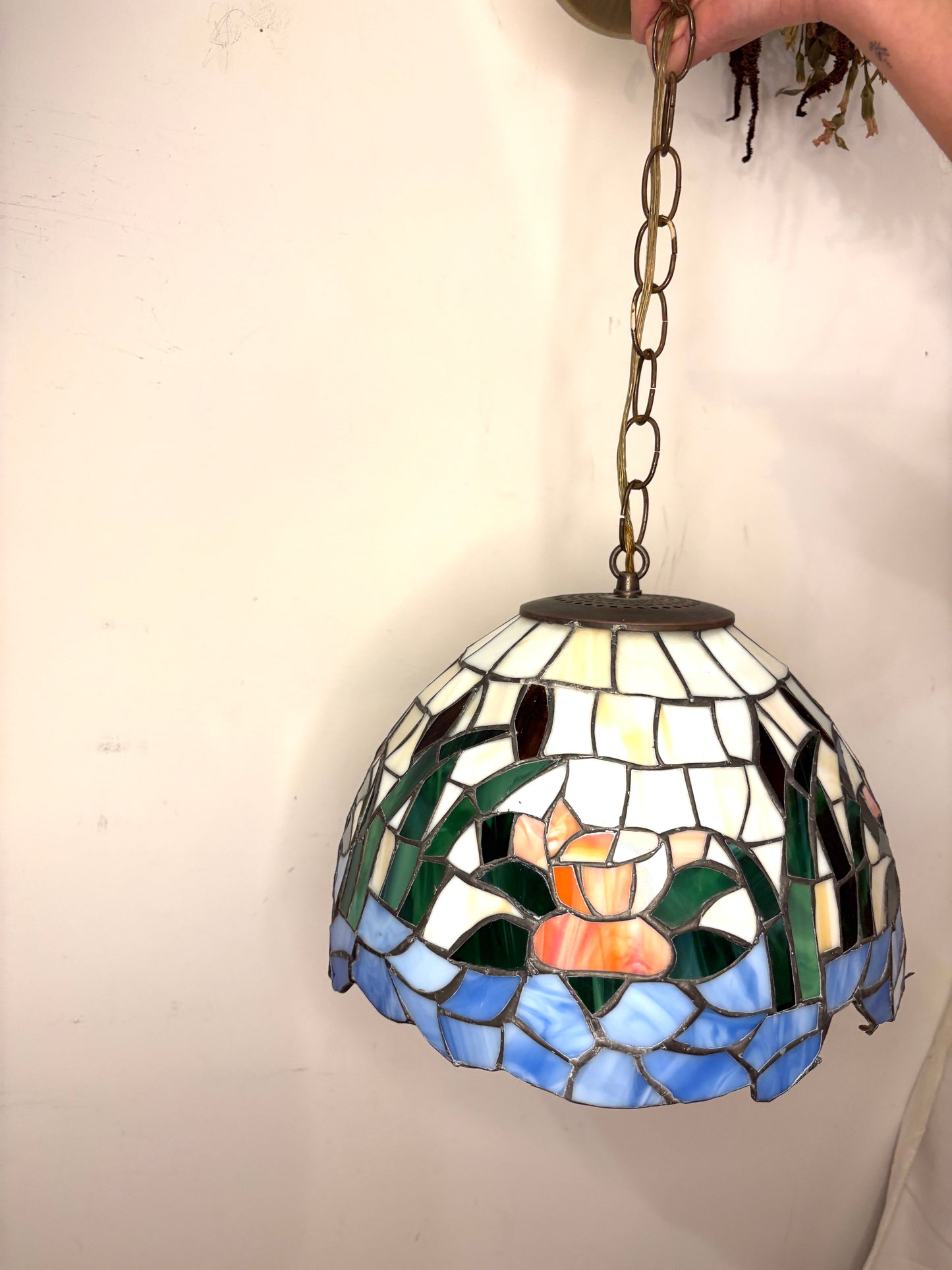 Vintage Tiffany Style Slag Stained Glass Swag Hanging Light Lamp Plug In 12”