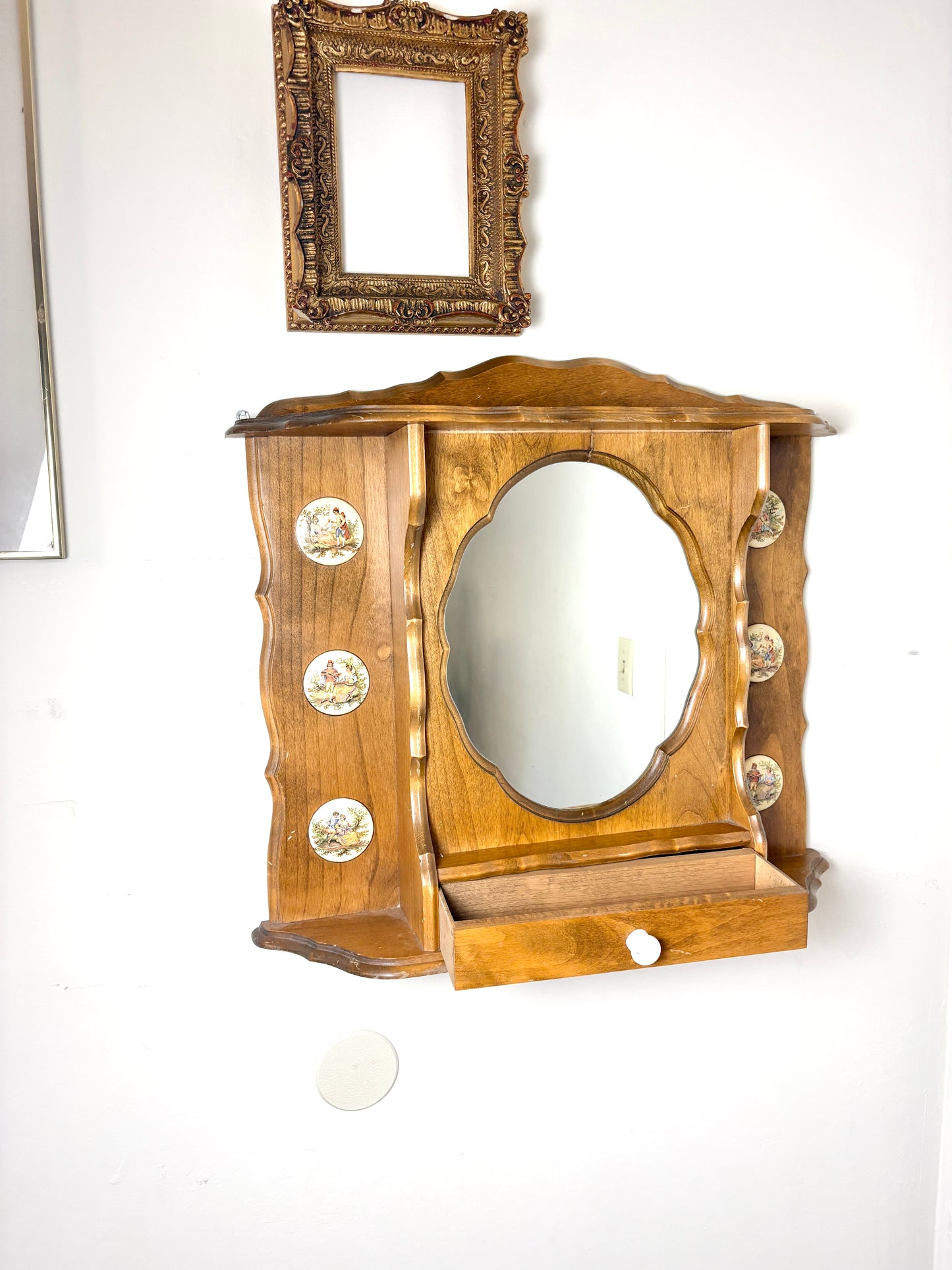 Rare Antique Wooden Apothecary Medicine Vanity Cabinet Oval Mirror