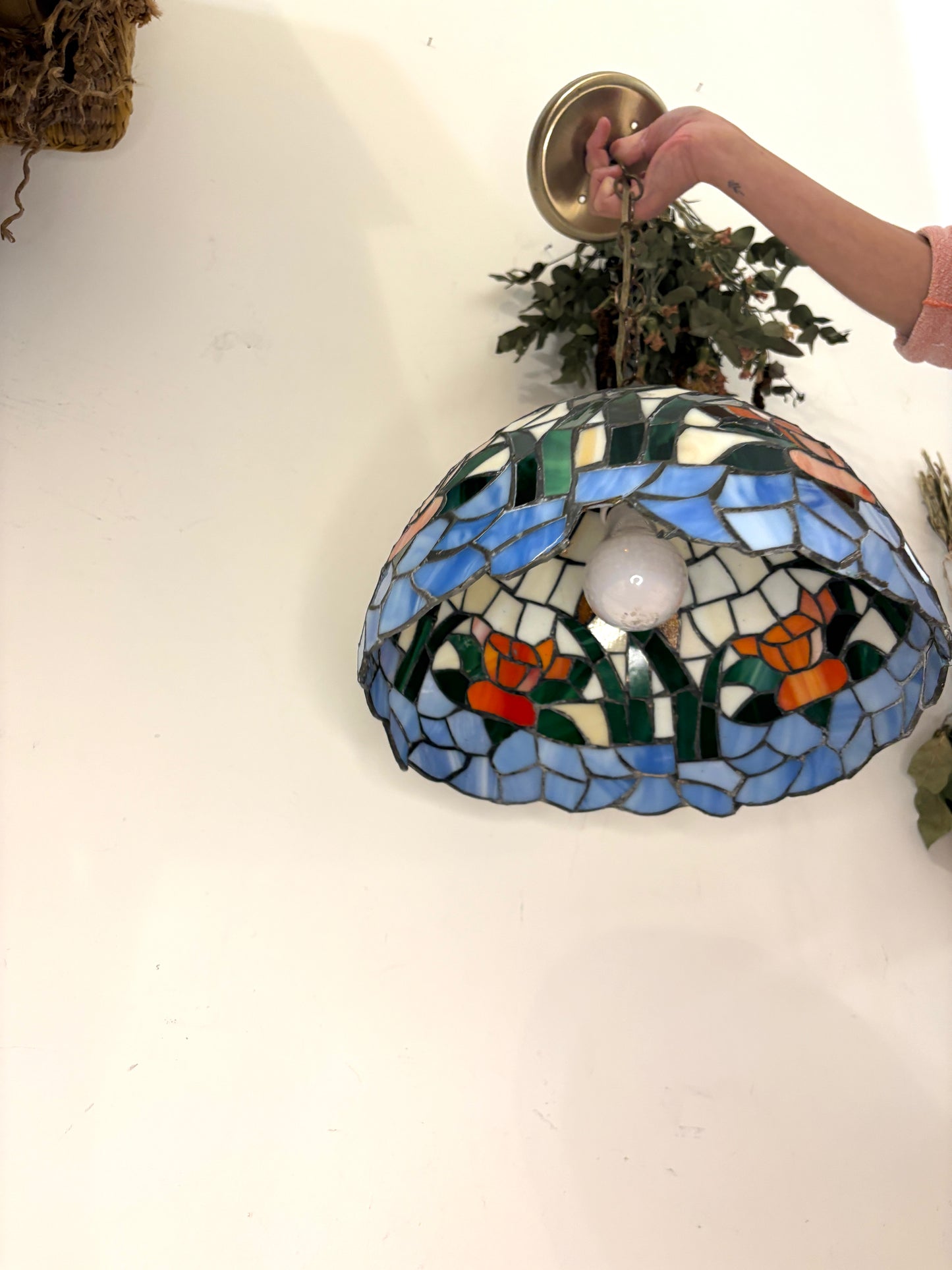 Vintage Tiffany Style Slag Stained Glass Swag Hanging Light Lamp Plug In 12”