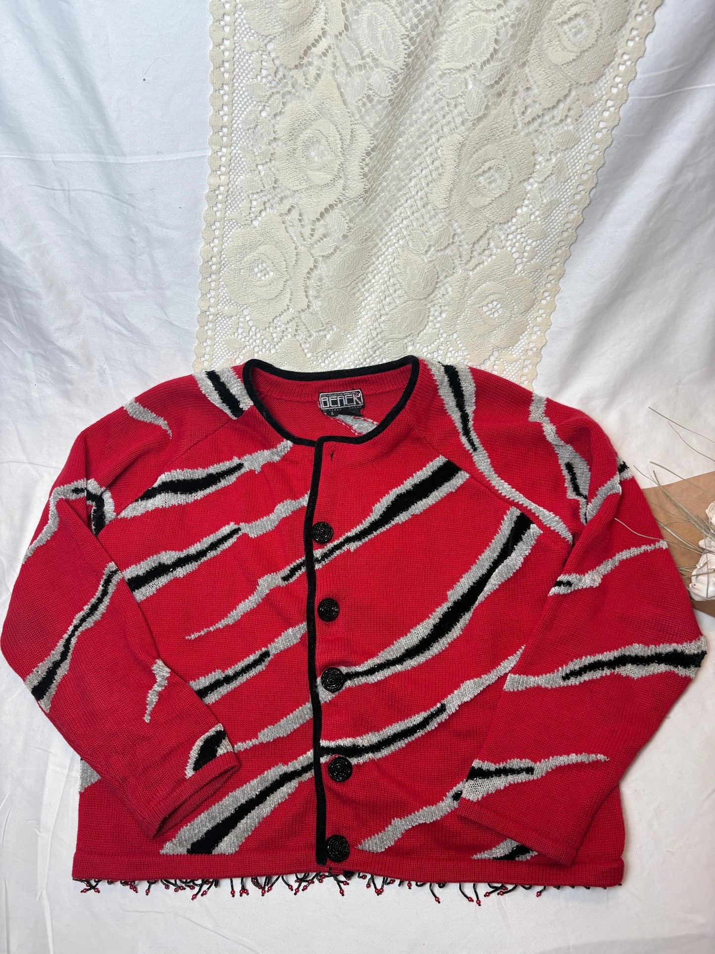 Vintage Berer Red Sweater Pullover Women SZ L With Beaded