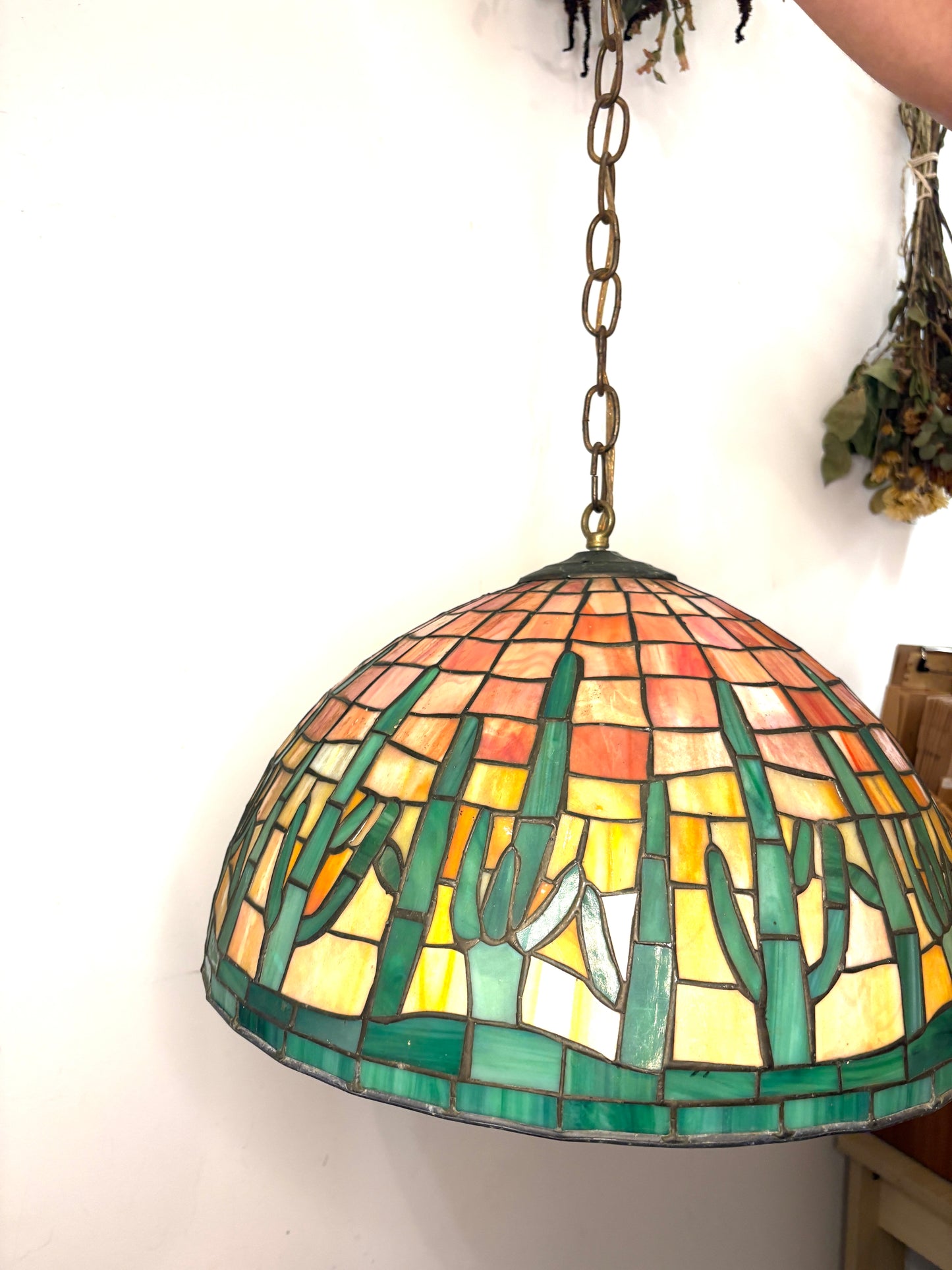 Large Tiffany Style Stained Glass cactus lamp shade 17.5”x3”