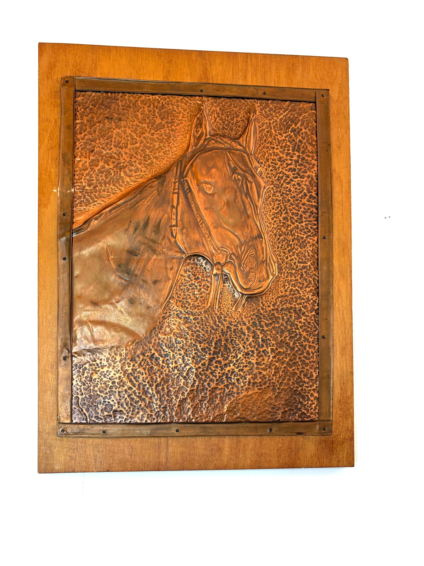 Horse Copper Embossed Art Work Folk Brass Color With Wood Frame