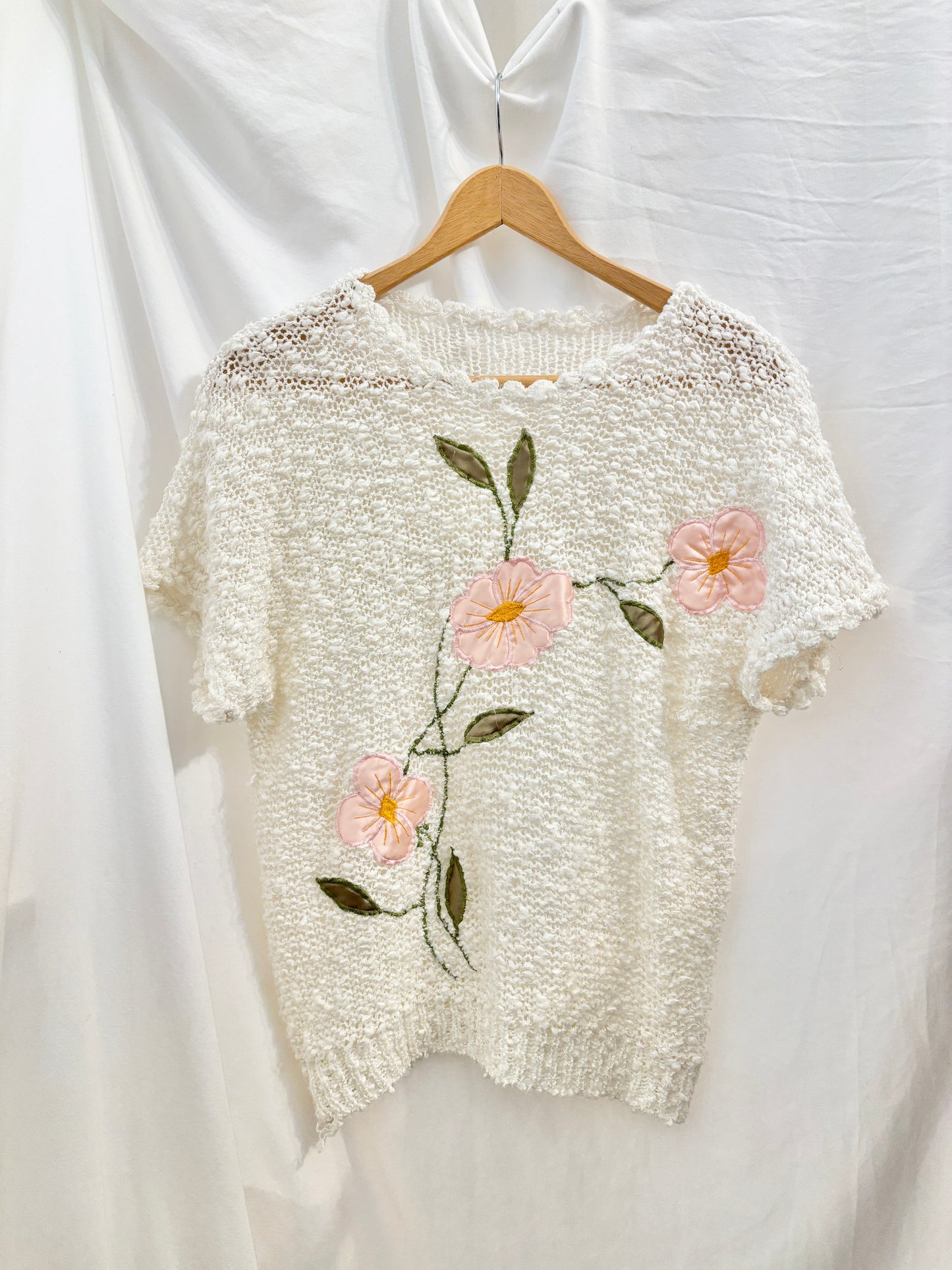 Floral Appliqué Open Knit Top