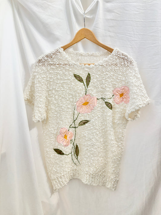 Floral Appliqué Open Knit Top